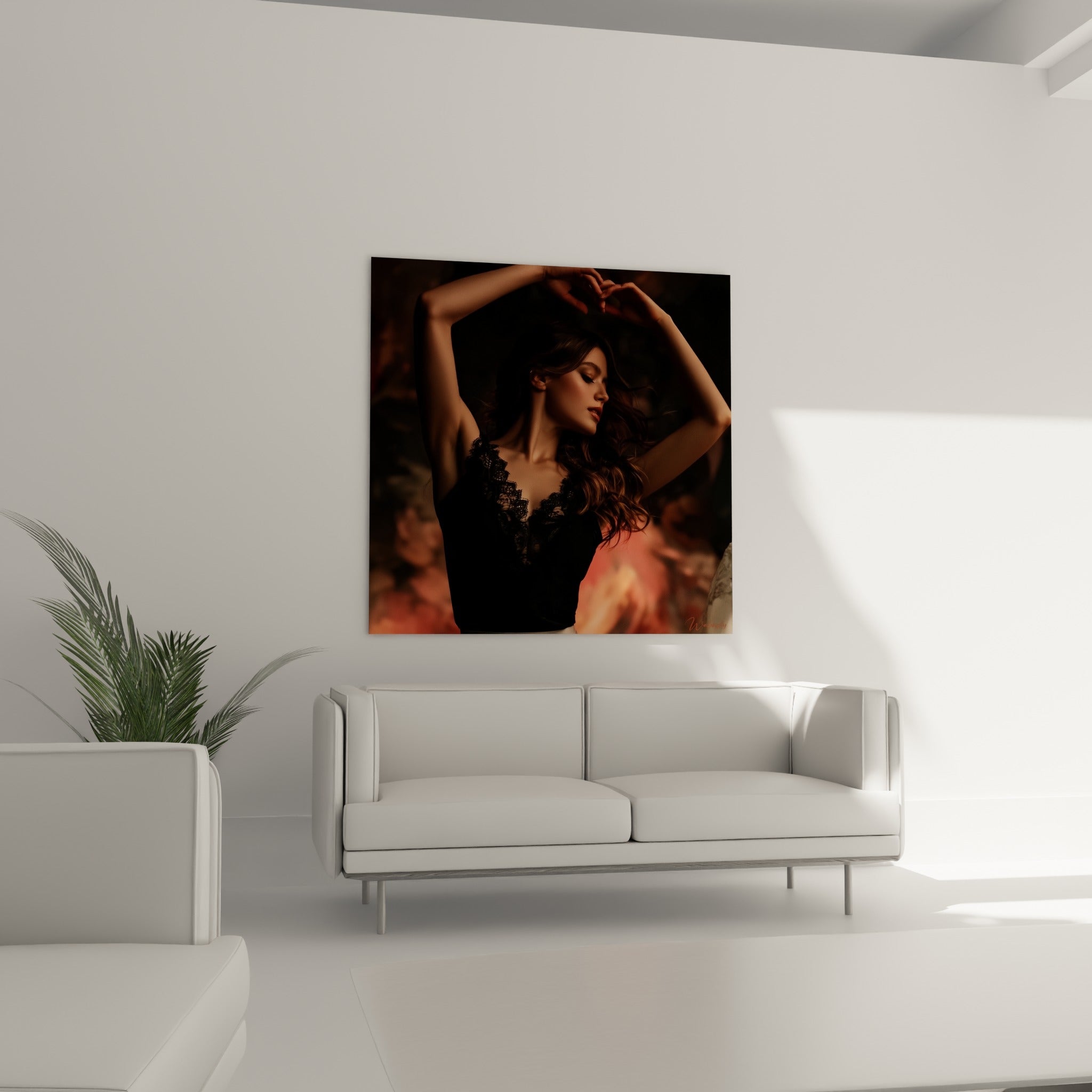 Geste alangui d'une danseuse abstrait aux teintes terracotta et noires, au-dessus d'un canapé dans un salon lumineux