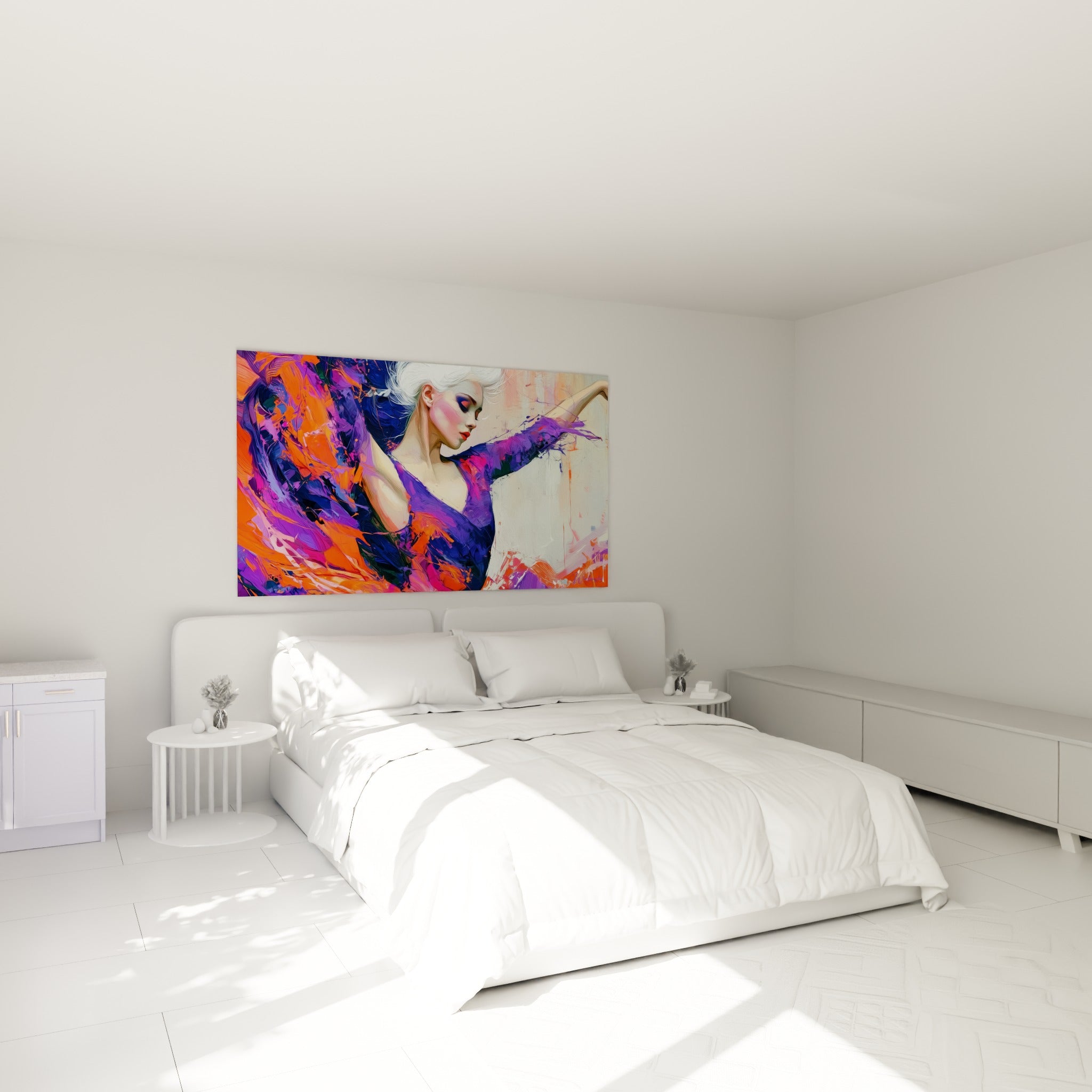 Silhouette de danseuse en violet et orange flamboyant au-dessus d'un lit dans une chambre claire