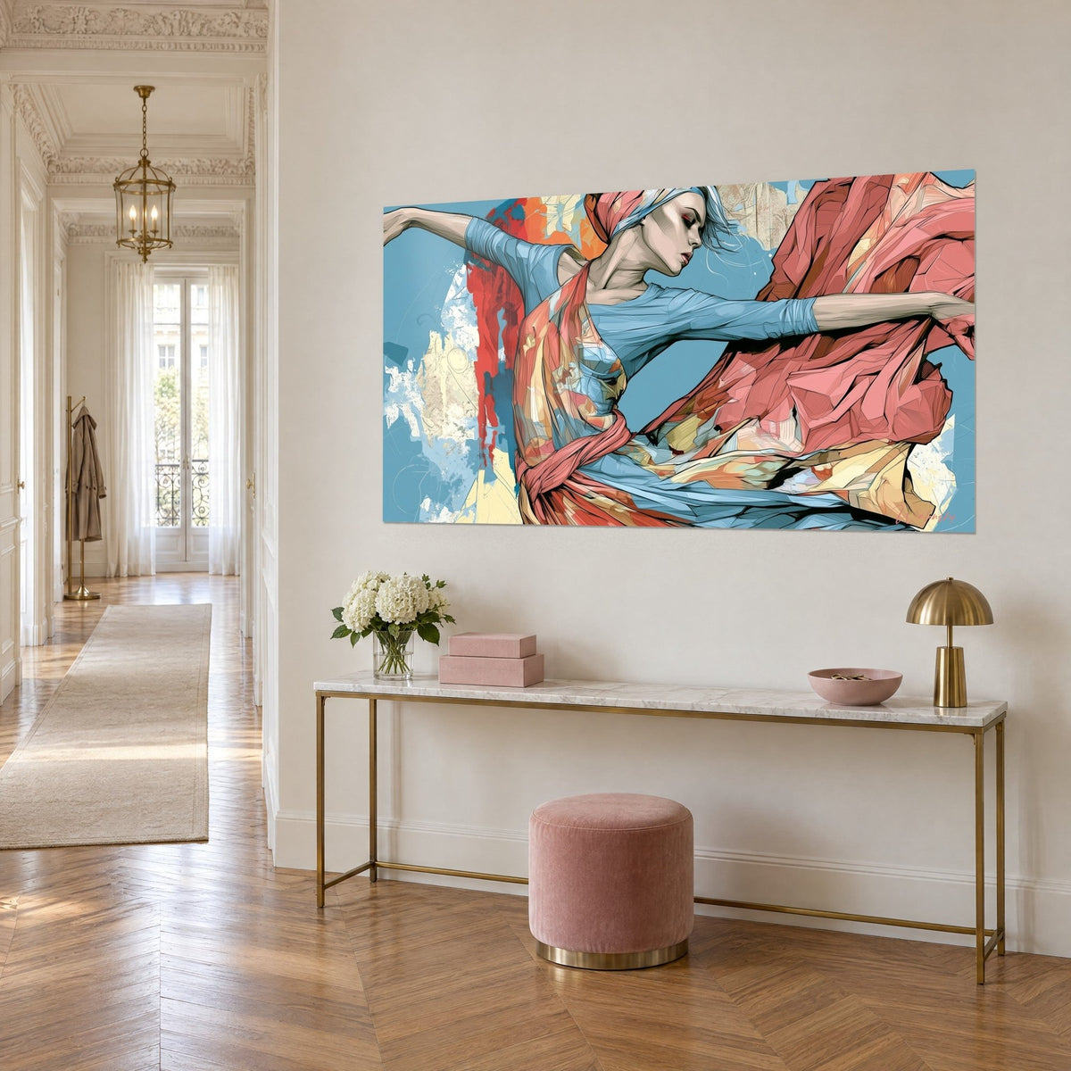 Tableau ballerine au foulard rose noué à la taille, drapé jaune pâle sur fond bleu, console dorée d'un couloir haussmannien