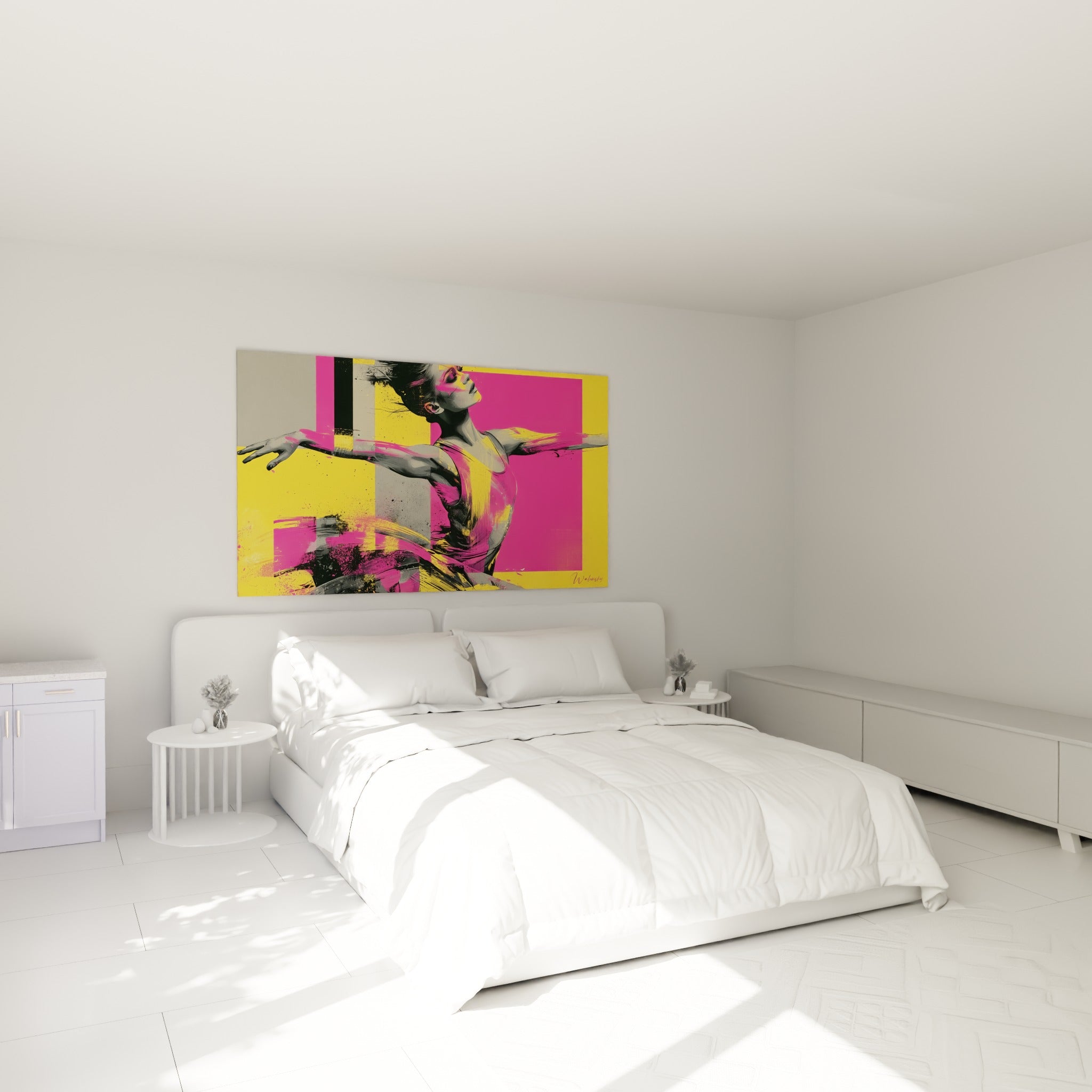 Danseuse abstraite rose et jaune tête renversée, au-dessus d'un lit dans une chambre claire