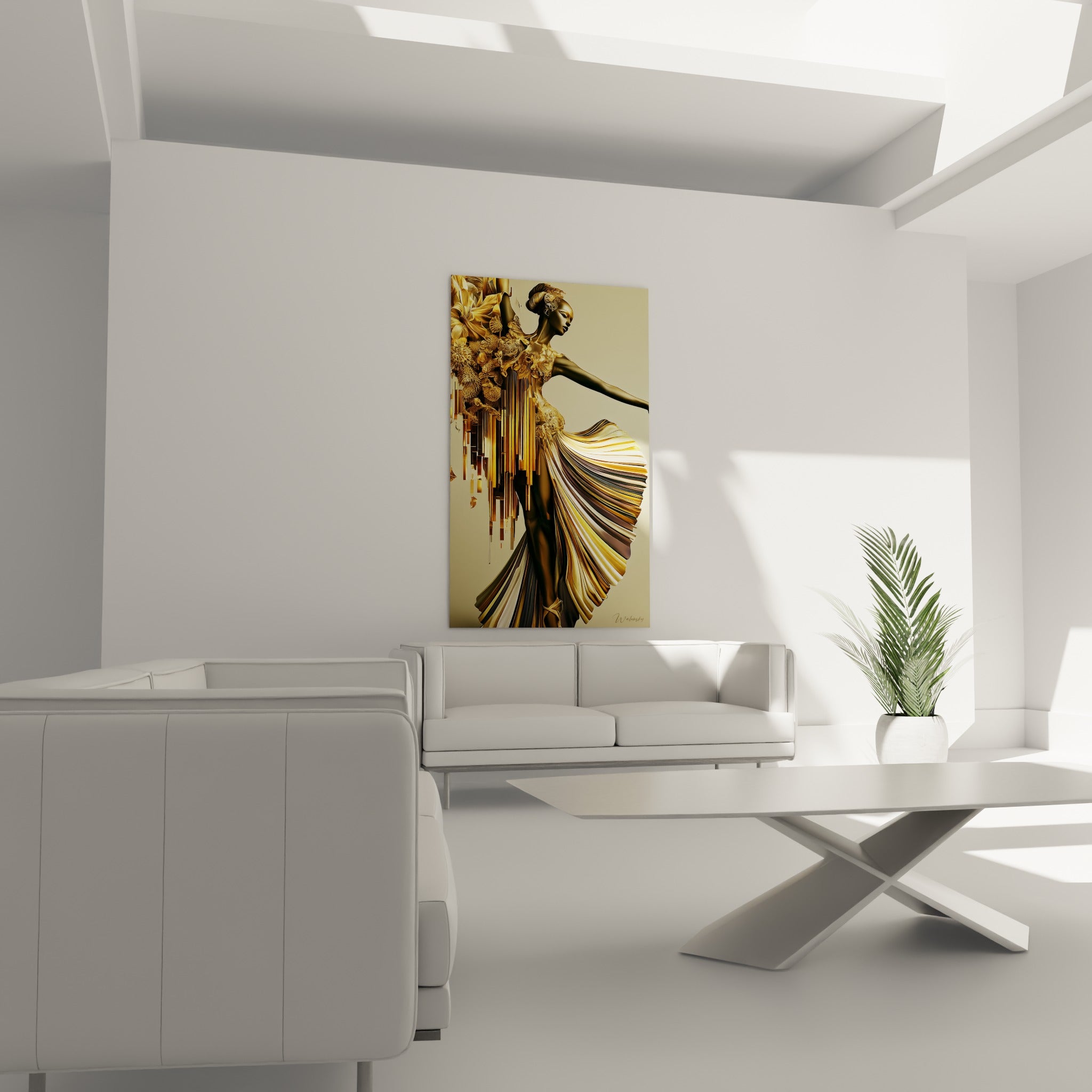 Figure féminine dorée et ocre en mouvement, accrochée au-dessus d'un canapé dans un salon lumineux