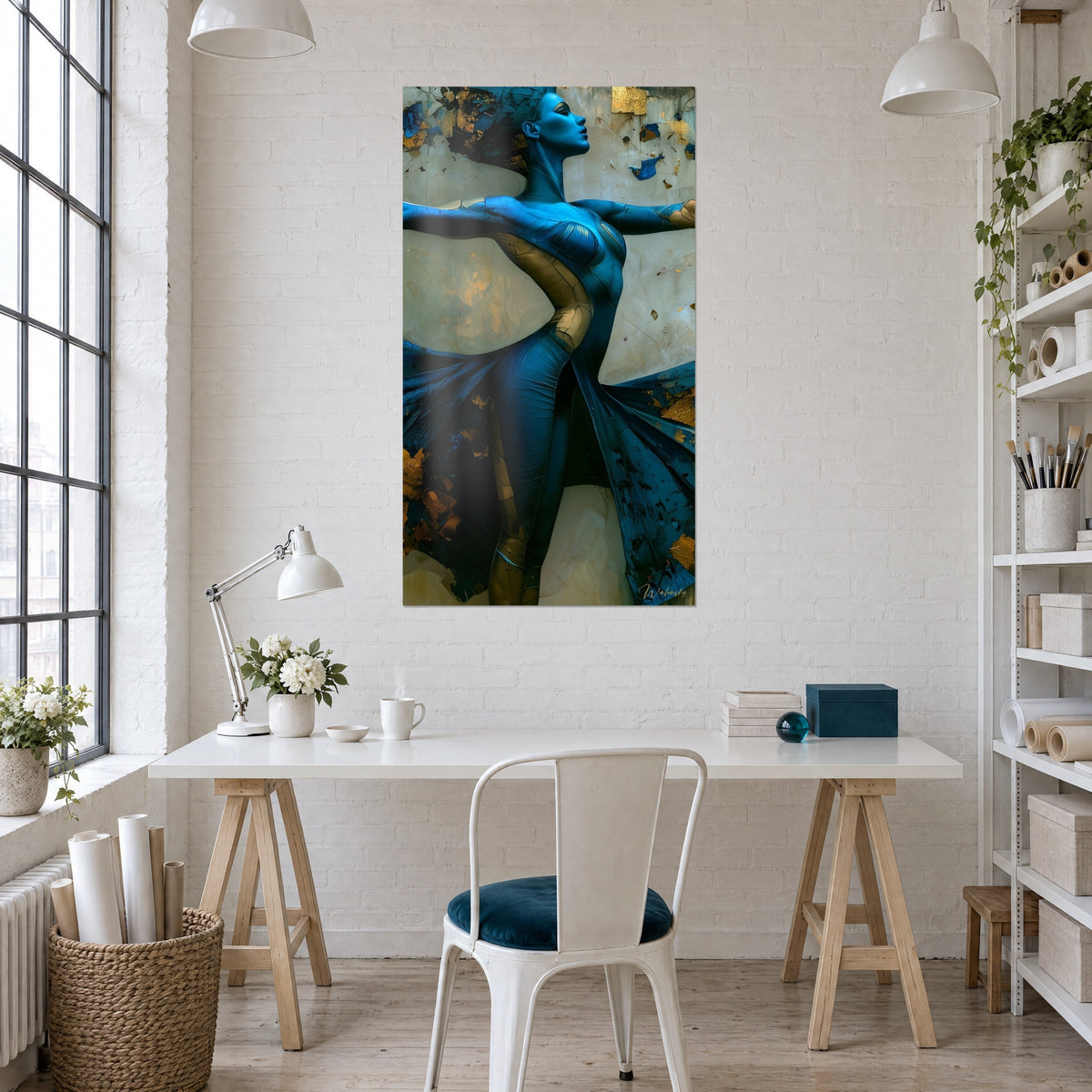 Wall art abstract deep blue ballerina, golden cracks and raised profile, hung above a white desk in an artist loft