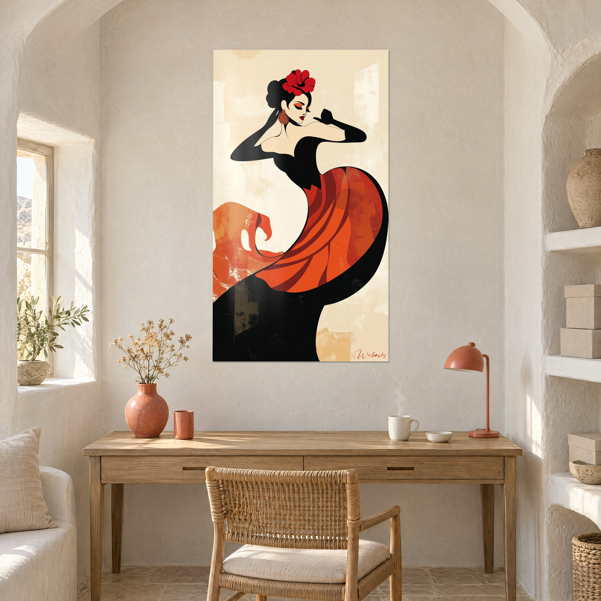 Wall art woman with a bunch of vivid red carnations on her head, vermilion and black geometric dress, above a light wood desk