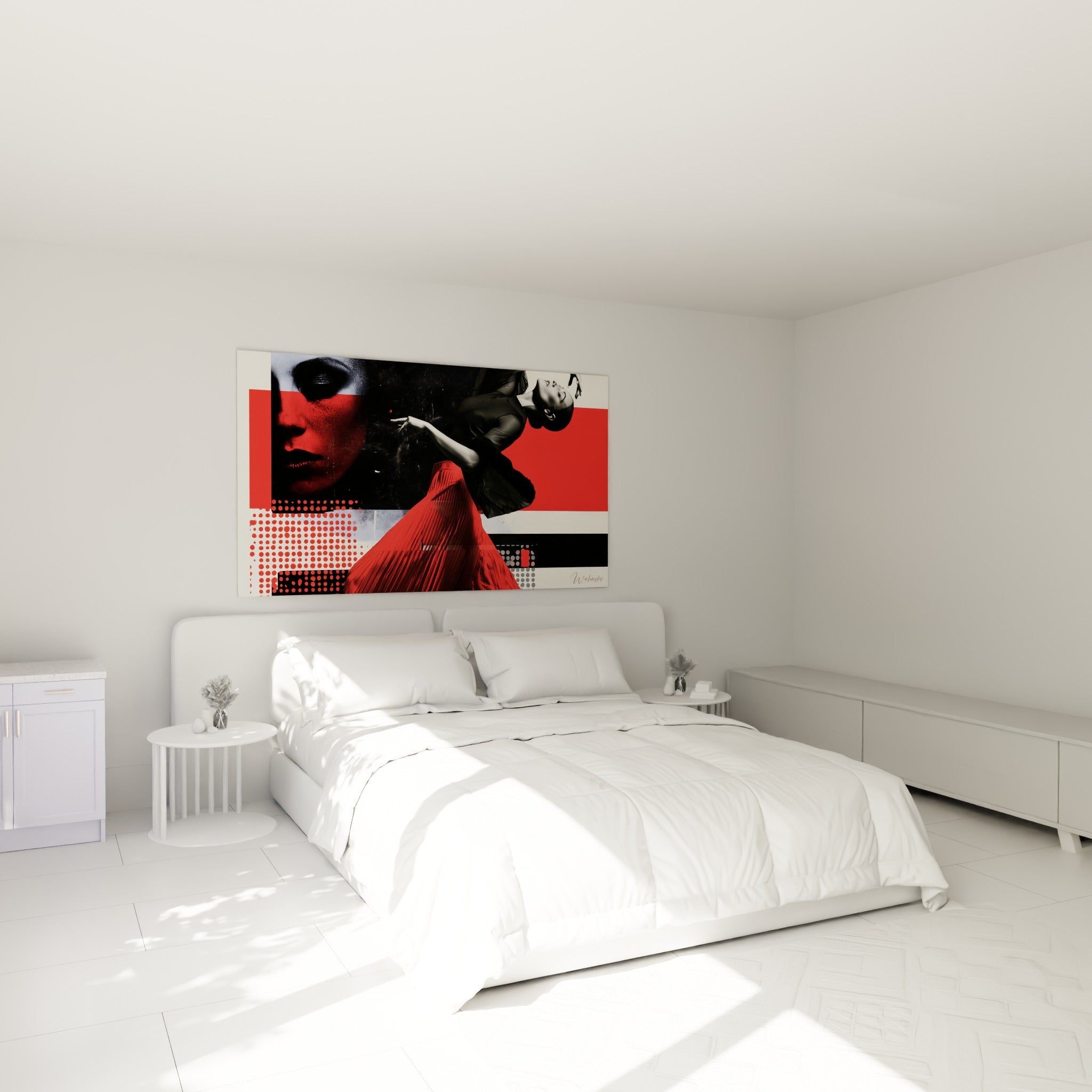 Silhouette cambrée en rouge et noir de la Danseuse abstrait, accrochée au-dessus d'un lit dans une chambre claire
