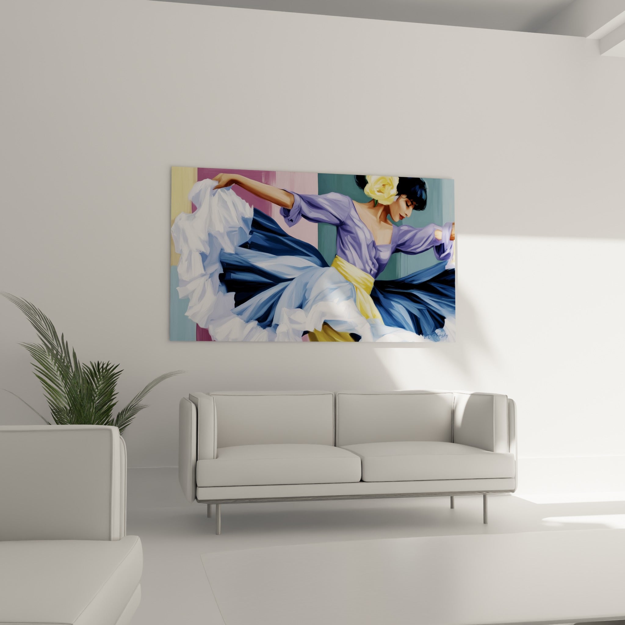 Danseuse abstrait tourbillonnante en lilas et jaune, au-dessus d'un canapé dans un salon lumineux