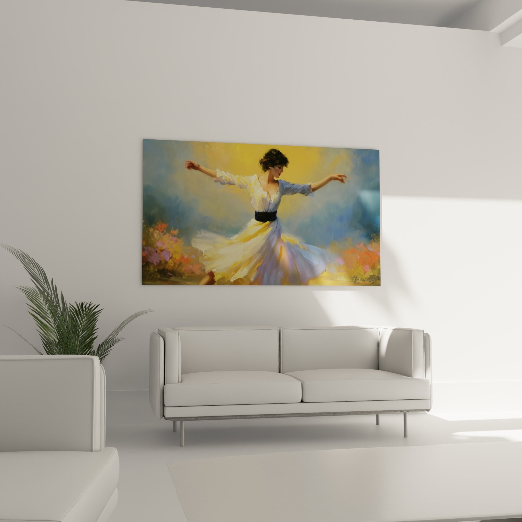 Danseuse aux tons ocre et blanc, geste ample et gracieux, au-dessus d'un canapé dans un salon lumineux