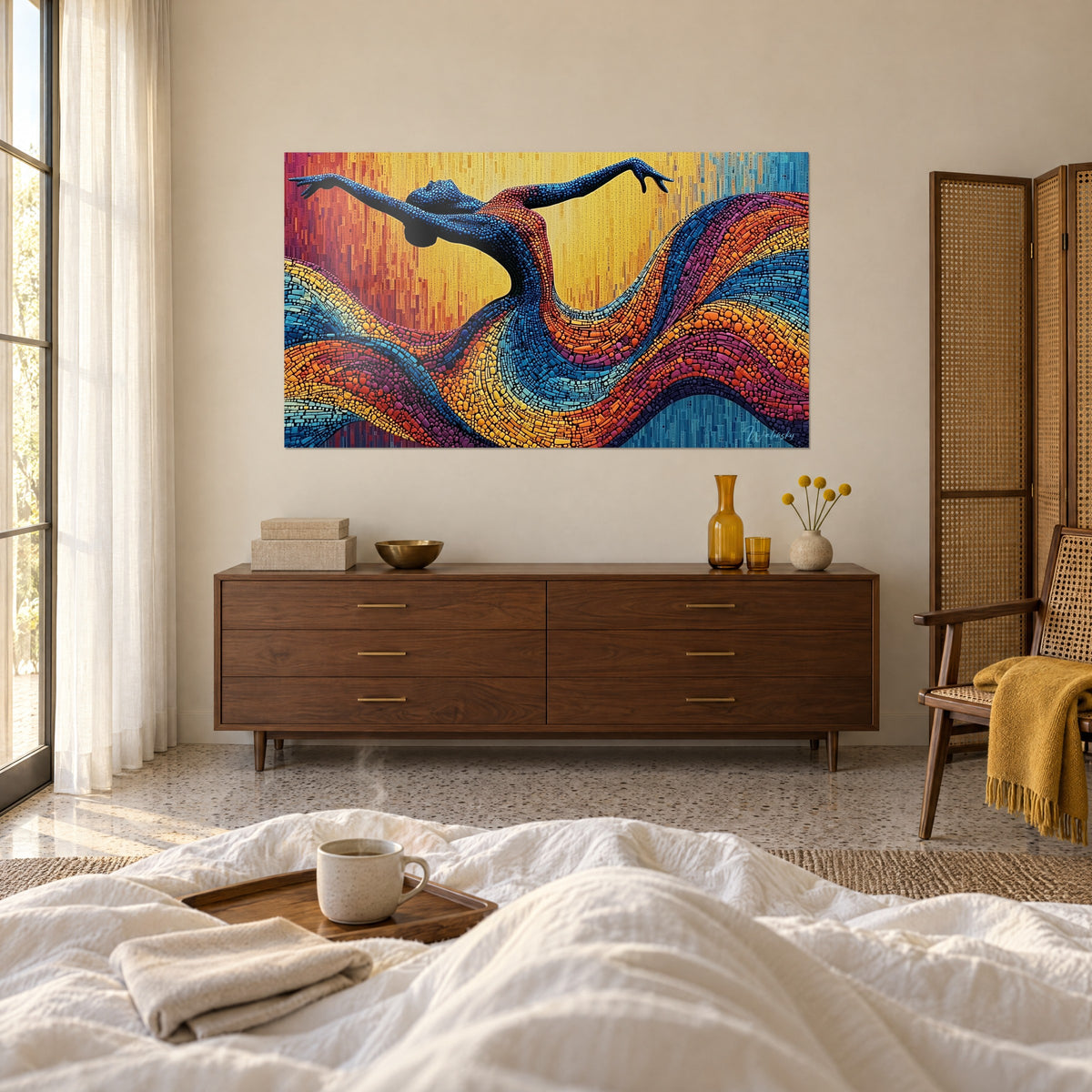 Wall art abstract ballerina in small midnight-blue stones, dress of orange and fuchsia waves on a golden background, above a bed in a light bedroom