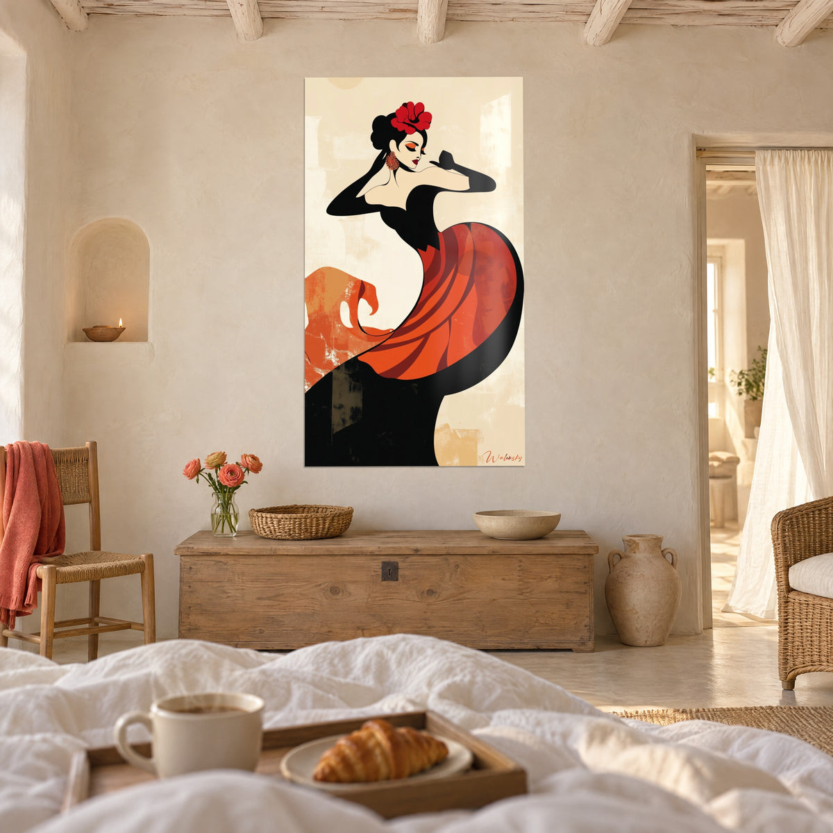 Wall art elegant brunette with a flowered bun, blood red and black ruffles in motion, above a bed in a bright bedroom