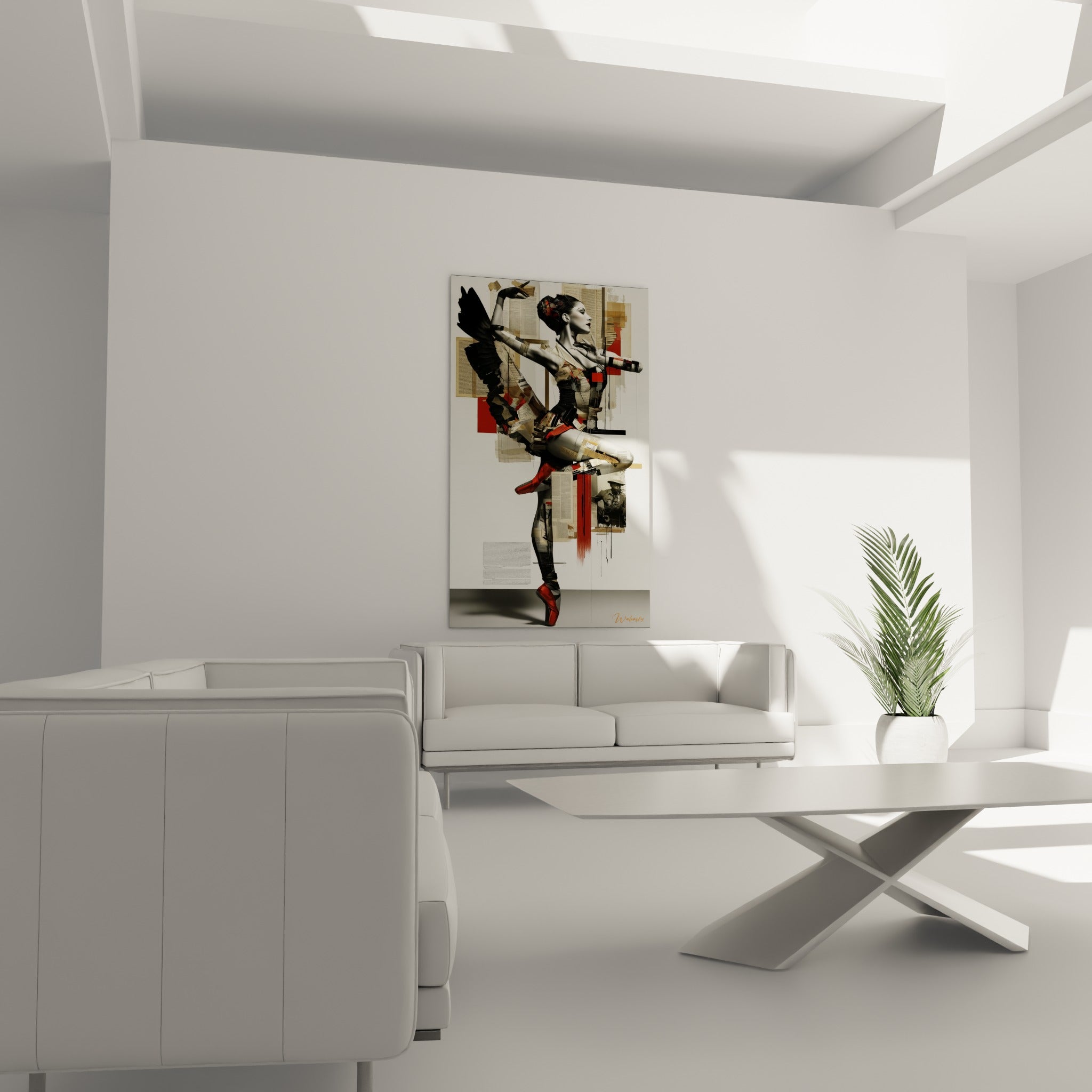 Silhouette danseuse abstrait fragmentée en papiers ocre et noir, au-dessus d'un canapé dans un salon lumineux