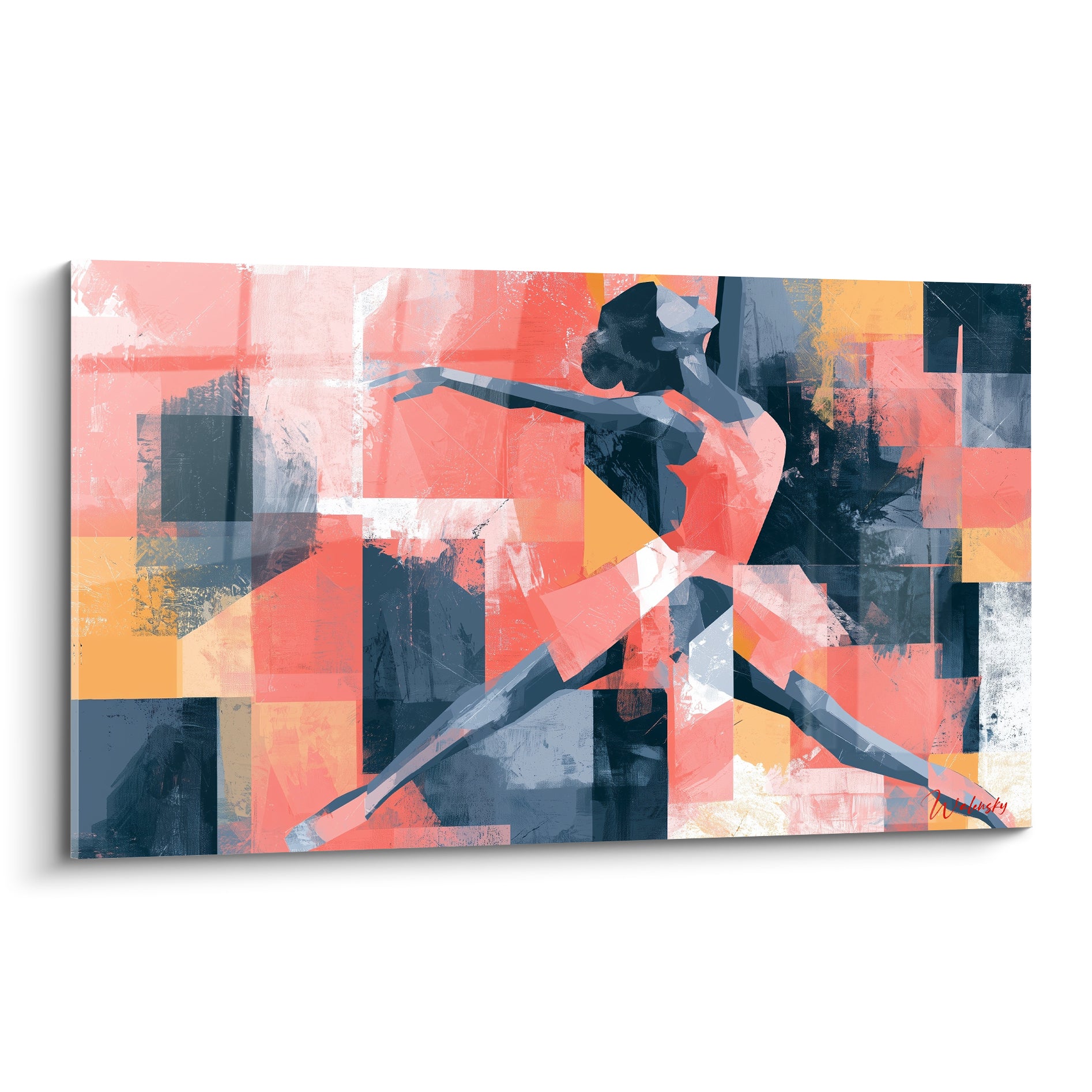 Danseuse abstraite en arabesque corail et anthracite sur fond géométrique ocre et blanc