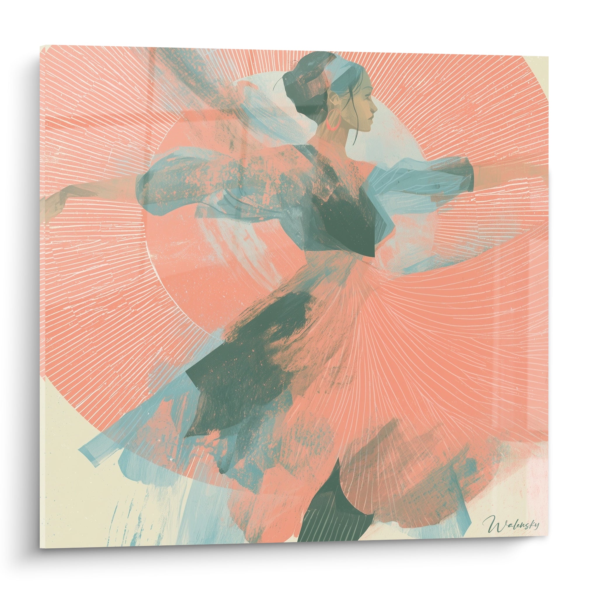 Danseuse abstraite en robe corail et bleu pastel, bras déployés, rayons graphiques en fond