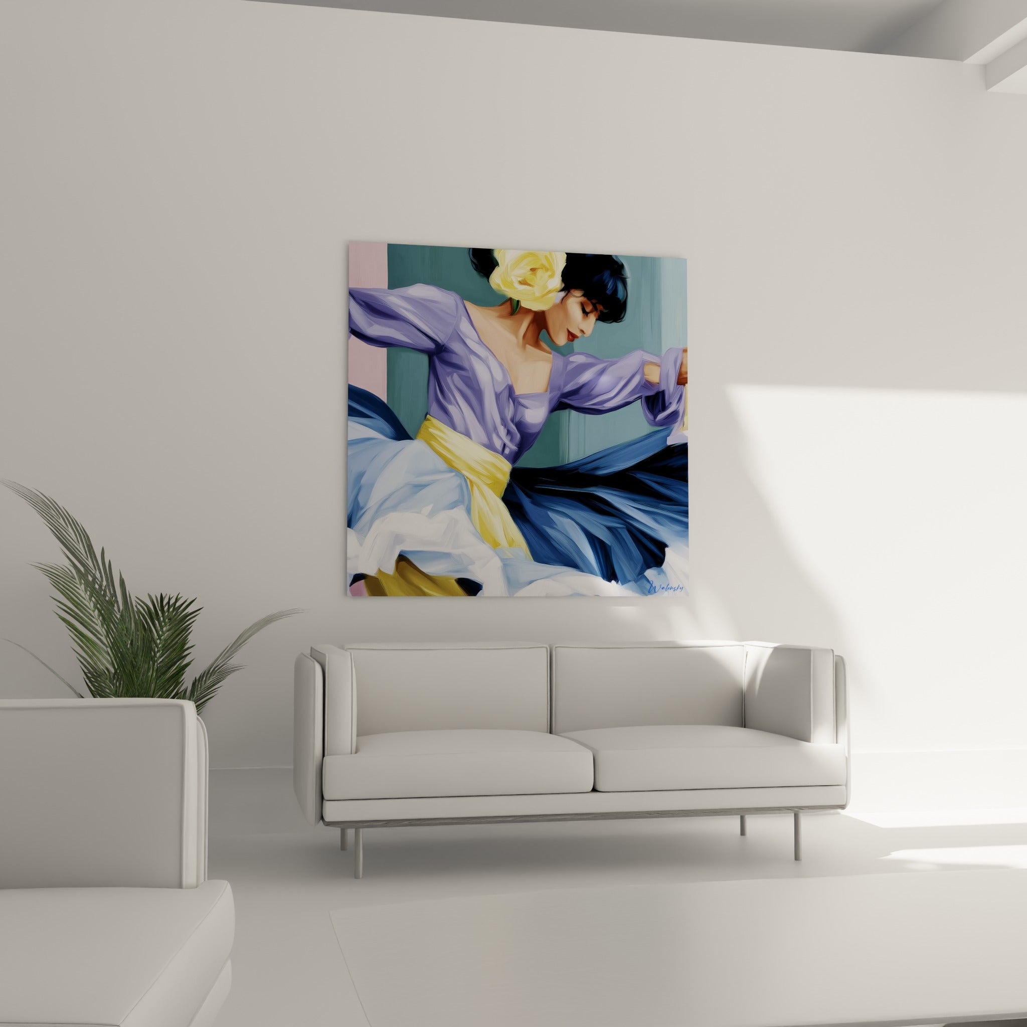 Danseuse en mouvement, tissu lavande et bleu marine texturé, au-dessus d'un canapé dans un salon lumineux