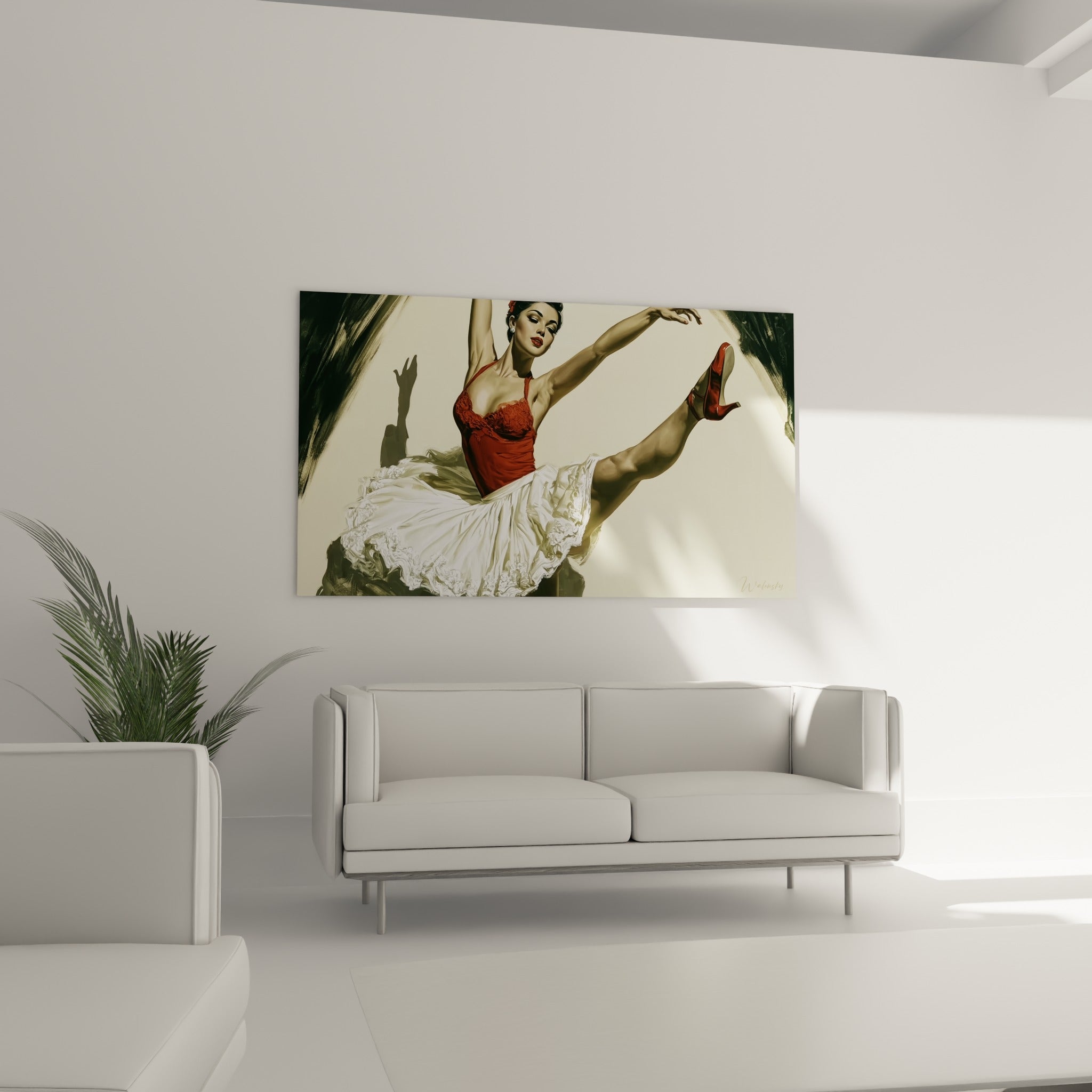 Silhouette gracieuse en tutu blanc et corsage rouge, au-dessus d'un canapé dans un salon lumineux