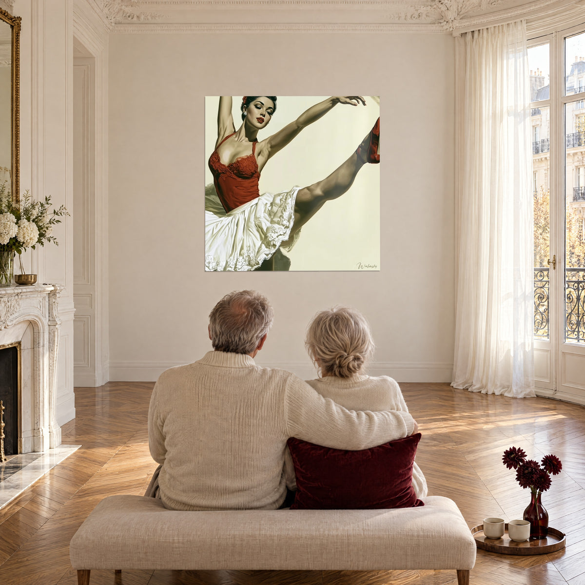 Wall art ballerina in full flight, raised arm, red ballet shoe and dazzling white petticoat on a cream background, facing a couple seated on a bench