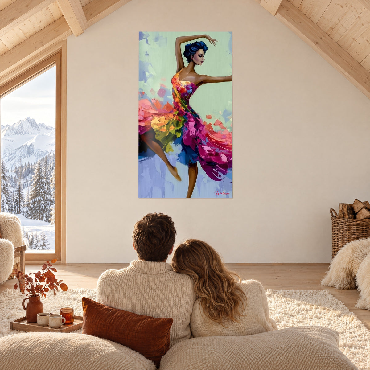 Tableau valse colorée, corsage orange et jupe fuchsia aux reflets bleus sur fond lavande, face à un couple dans un chalet
