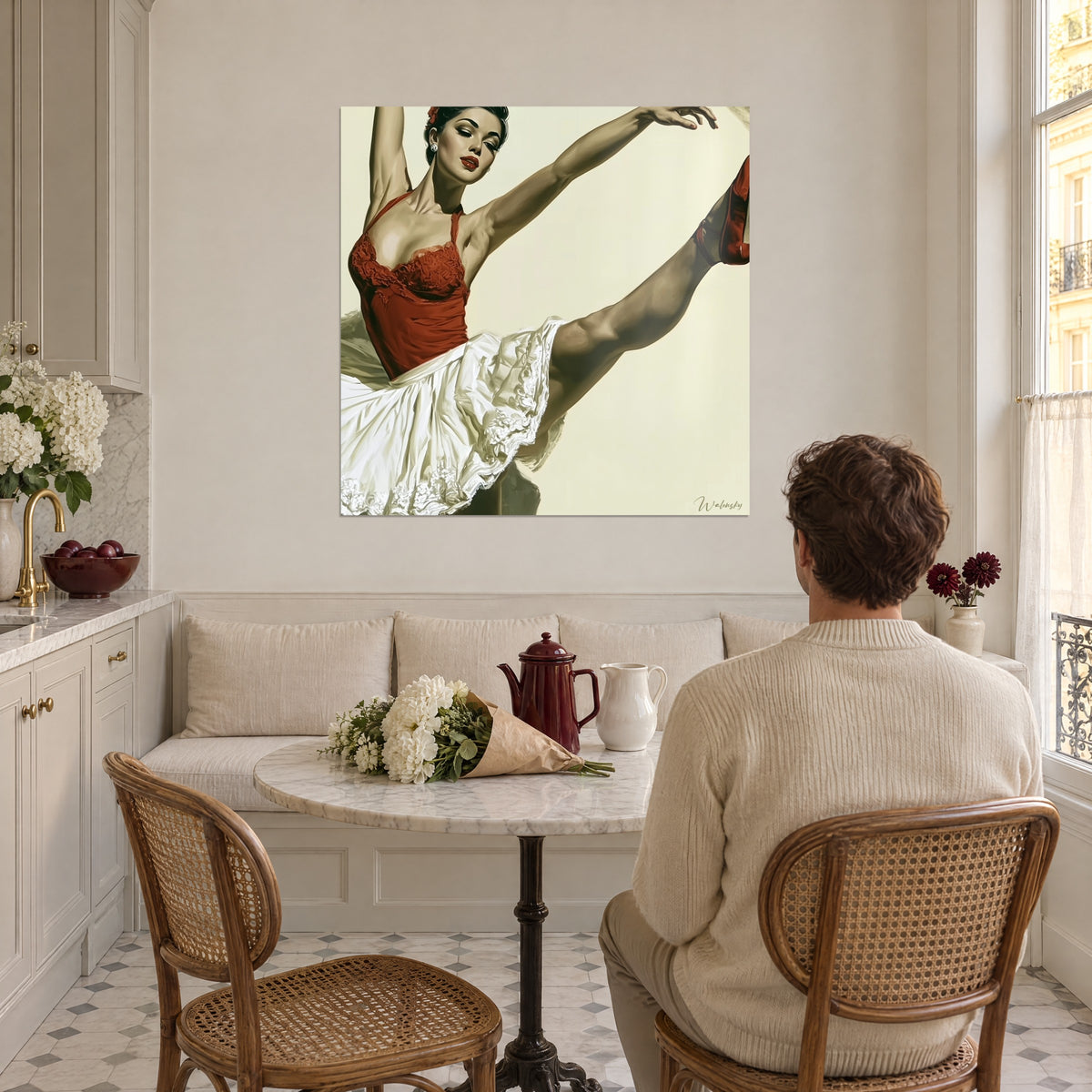 Wall art dance star in a split, red bustier, white lace ruffles and cream background, in a Haussmann-style kitchen with light walls