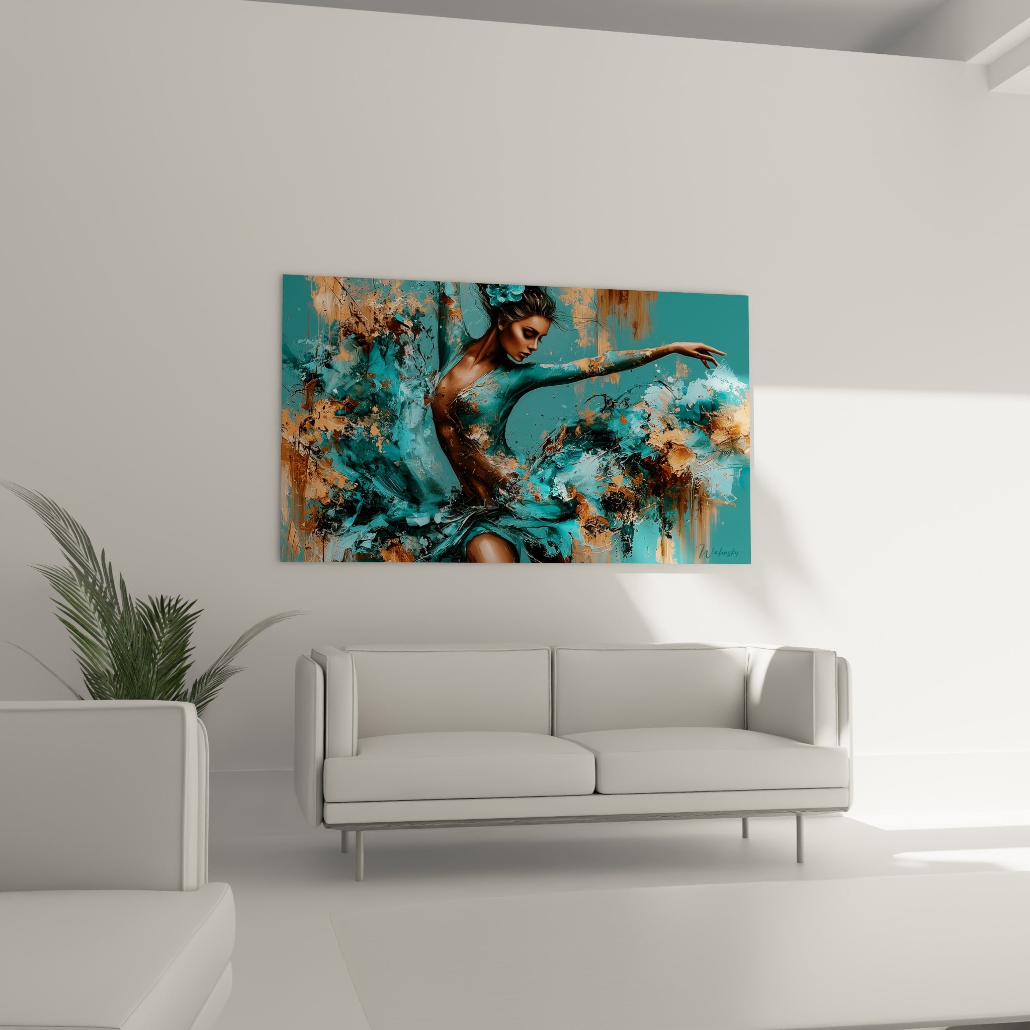 Corps de danseuse en torsion, teintes cuivrées et turquoise vibrantes, au-dessus d'un canapé dans un salon lumineux