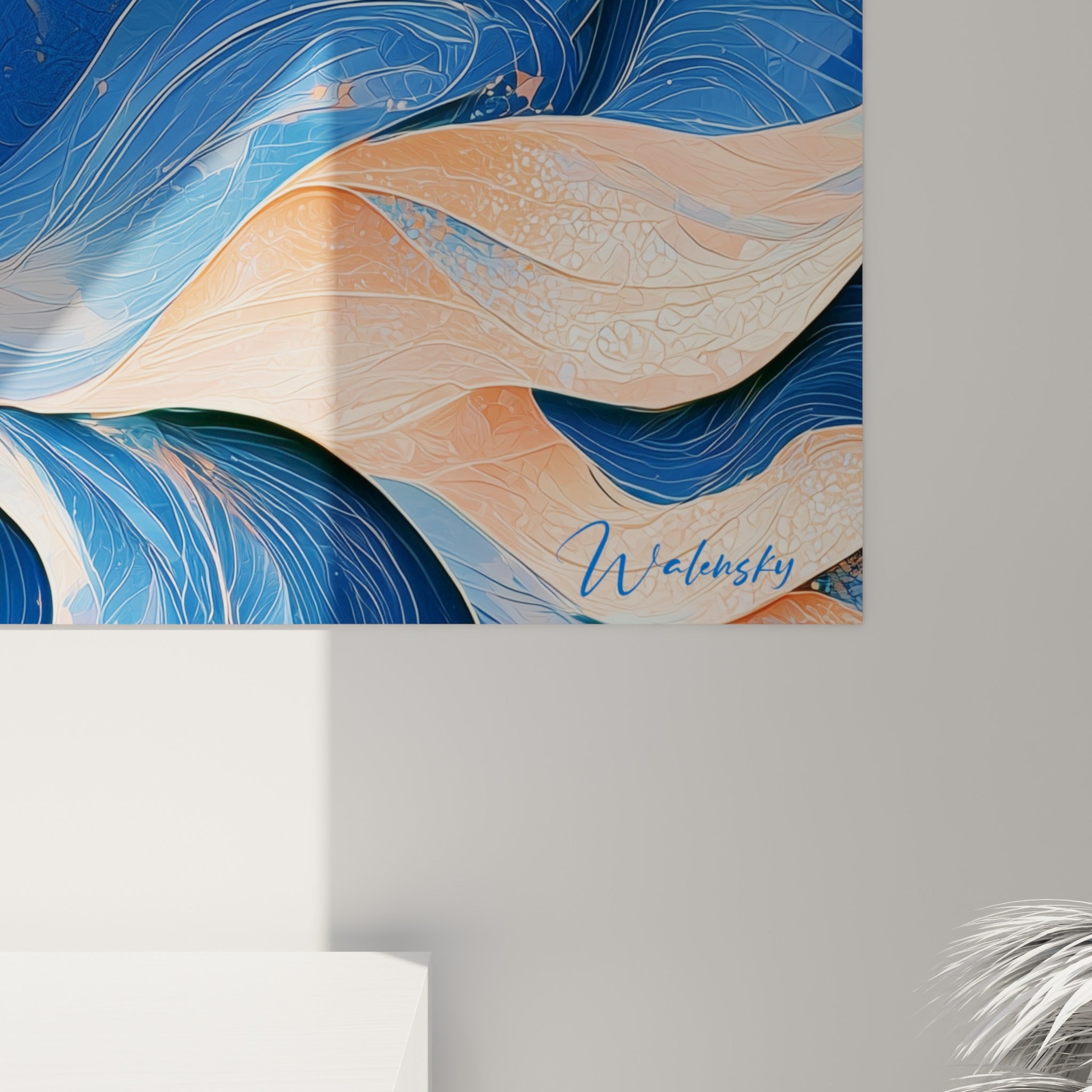 Détail des lignes fines bleu marine et touches pêche révélant la matière lisse de l'impression
