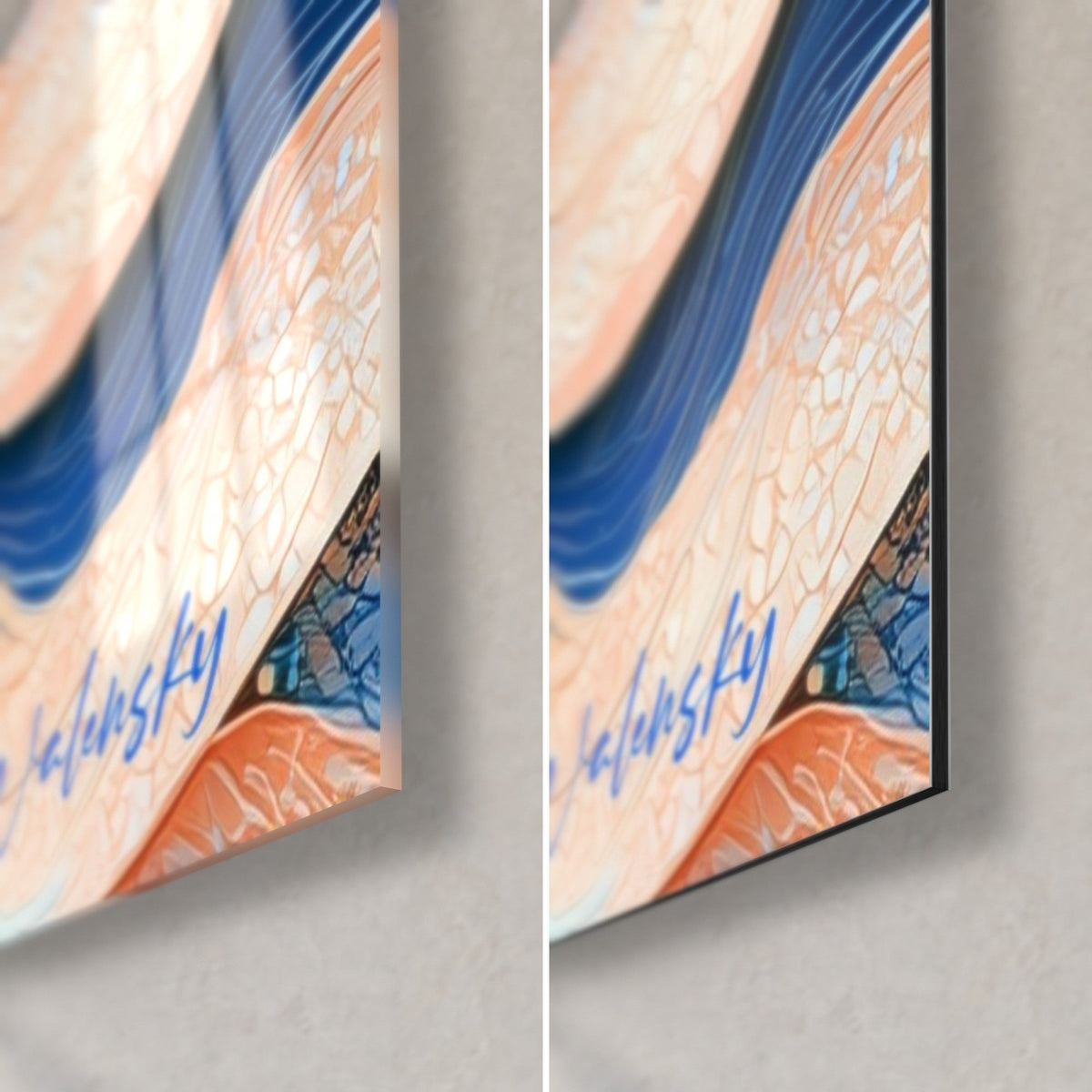 Tableau ballerine stylisée en bleu roi et pêche, coin bas droit : verre acrylique brillant à gauche, Dibond mat à droite