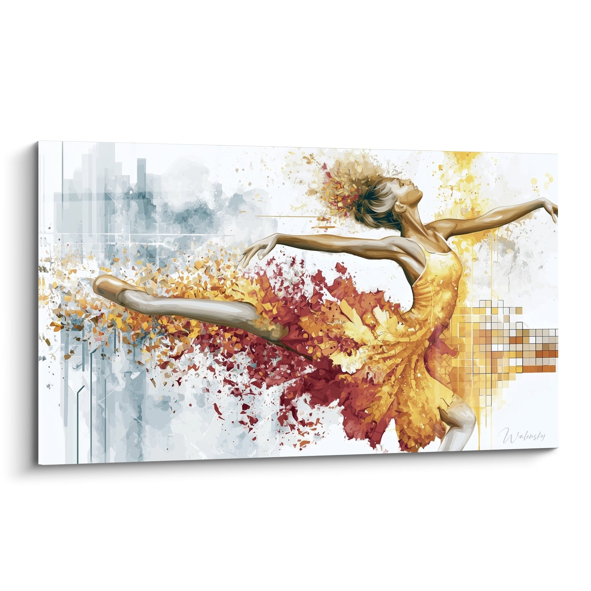 Danseuse abstraite dorée et bordeaux en plein envol, silhouette se dissolvant en particules colorées