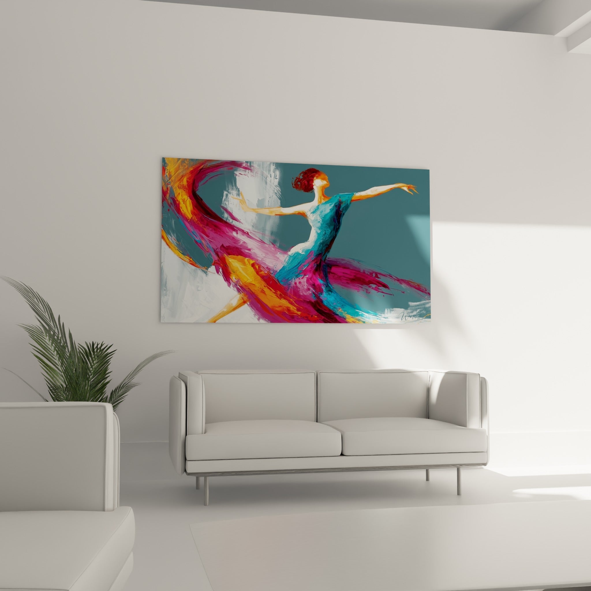 Figure de danseuse abstrait en mouvement, tons turquoise et dorés, au-dessus d'un canapé dans un salon lumineux