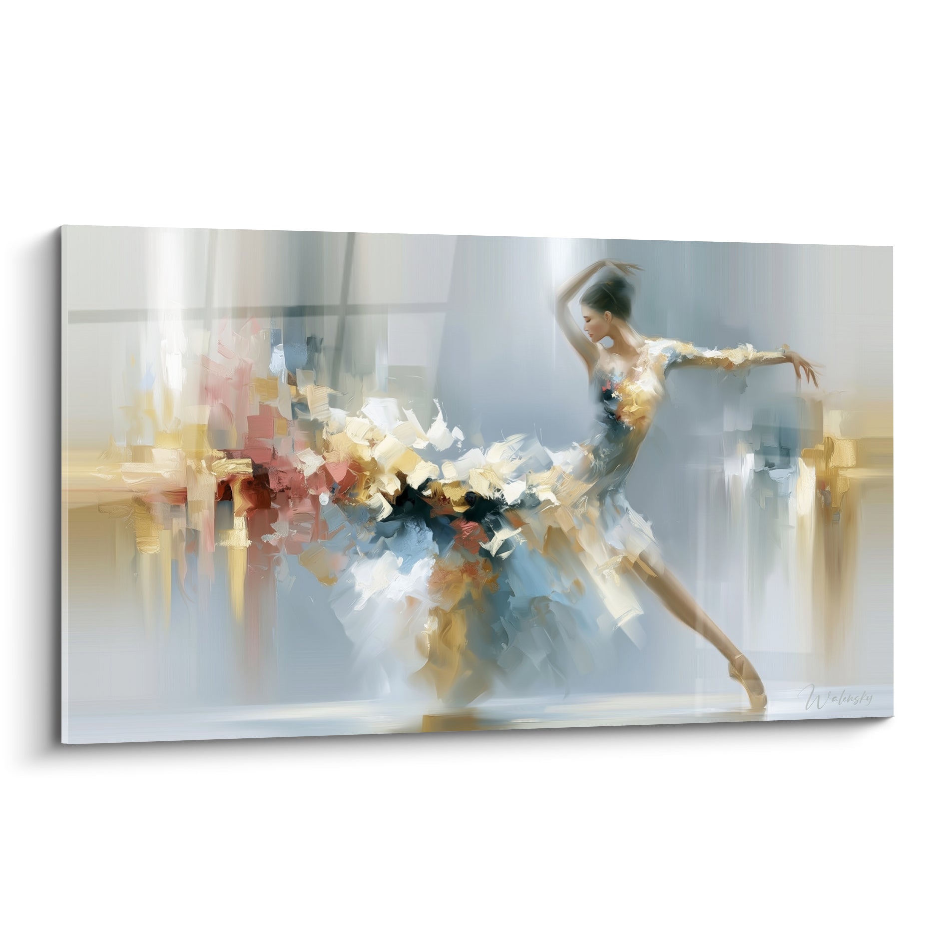 Danseuse abstrait en arabesque, robe éclatée de doré et bleu poudré sur fond gris clair