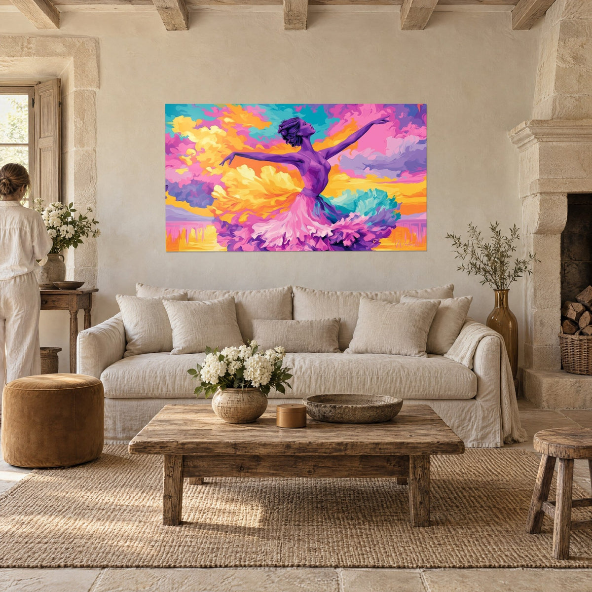 Cuadro bailarina violeta con los brazos abiertos, tutú rosa y nubes amarillo azafrán, encima de un sofá en un salón luminoso