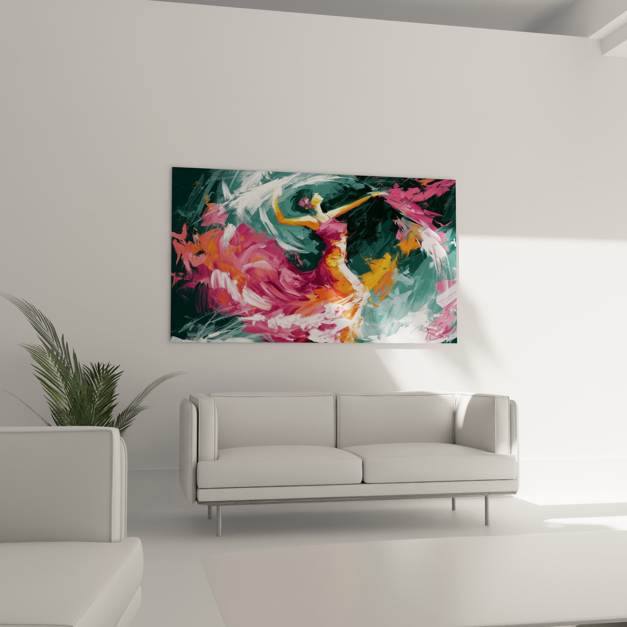 Mouvement de danse fauve aux teintes rose et vert sarcelle, au-dessus d'un canapé dans un salon lumineux