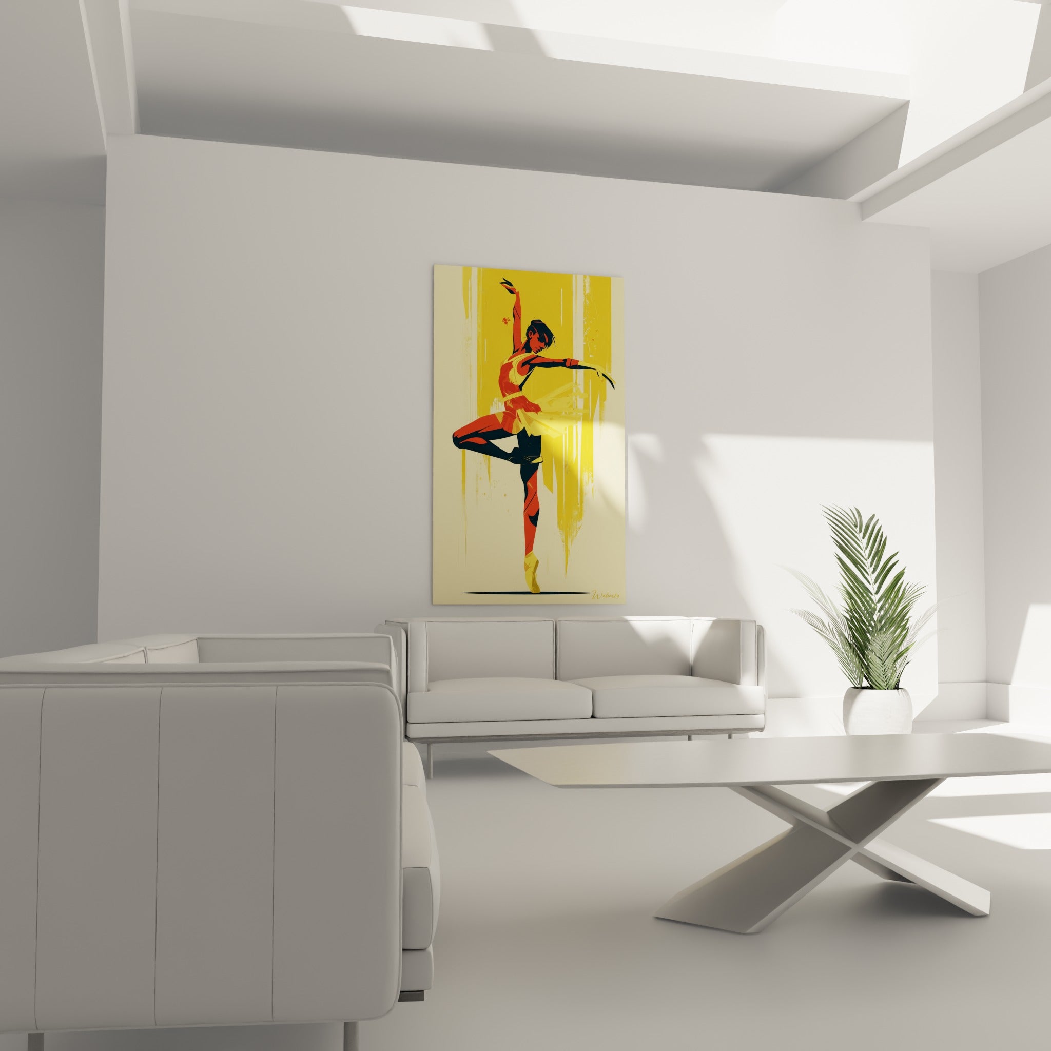 Silhouette dansante ocre et anthracite, tutu vaporeux jaune, au-dessus d'un canapé dans un salon lumineux