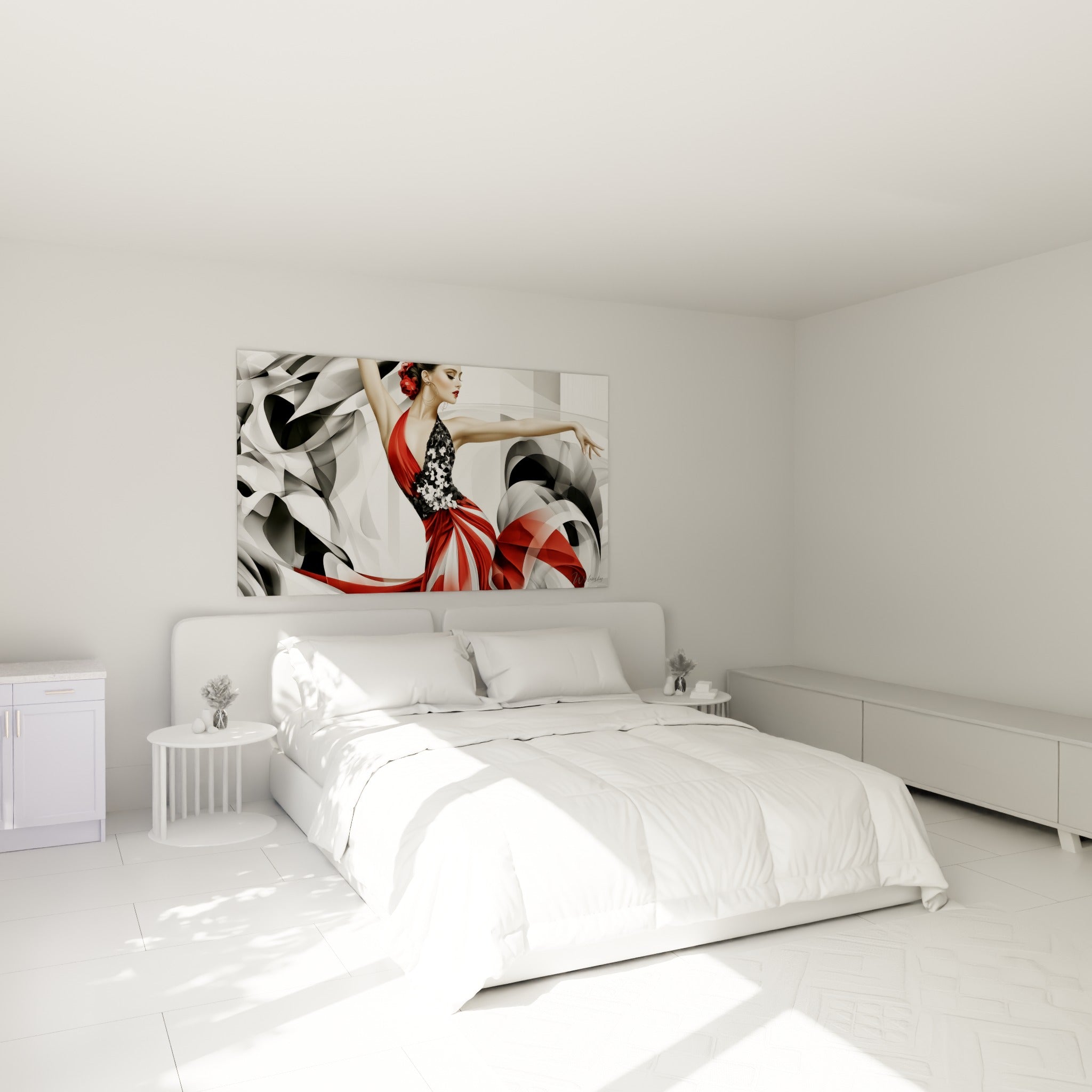 Silhouette de danseuse rouge et noire au-dessus d'un lit dans une chambre claire
