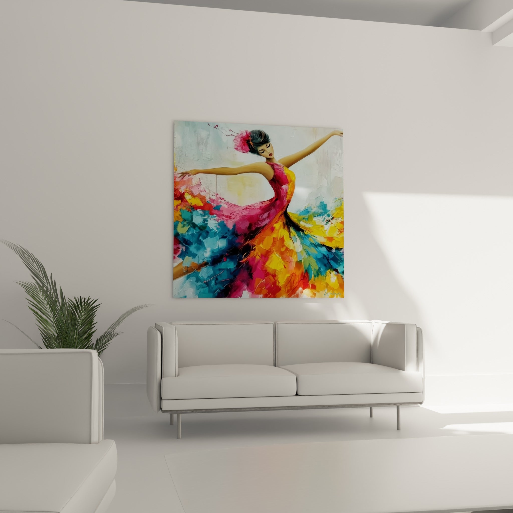Danseuse abstrait aux teintes dorées et roses en mouvement, au-dessus d'un canapé dans un salon lumineux