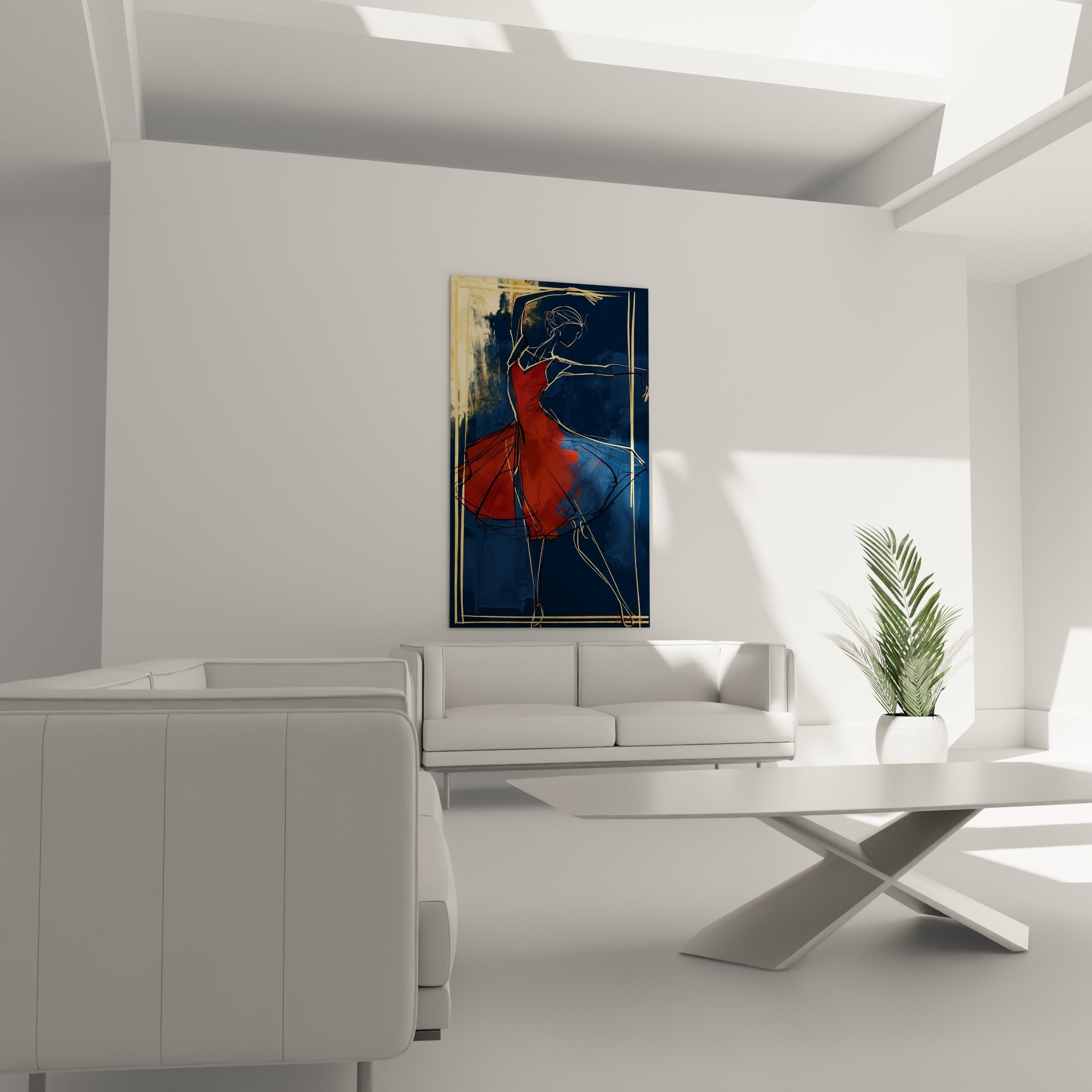 Geste ample d'une danseuse en robe rouge sur fond bleu marine, tableau au-dessus d'un canapé dans un salon lumineux