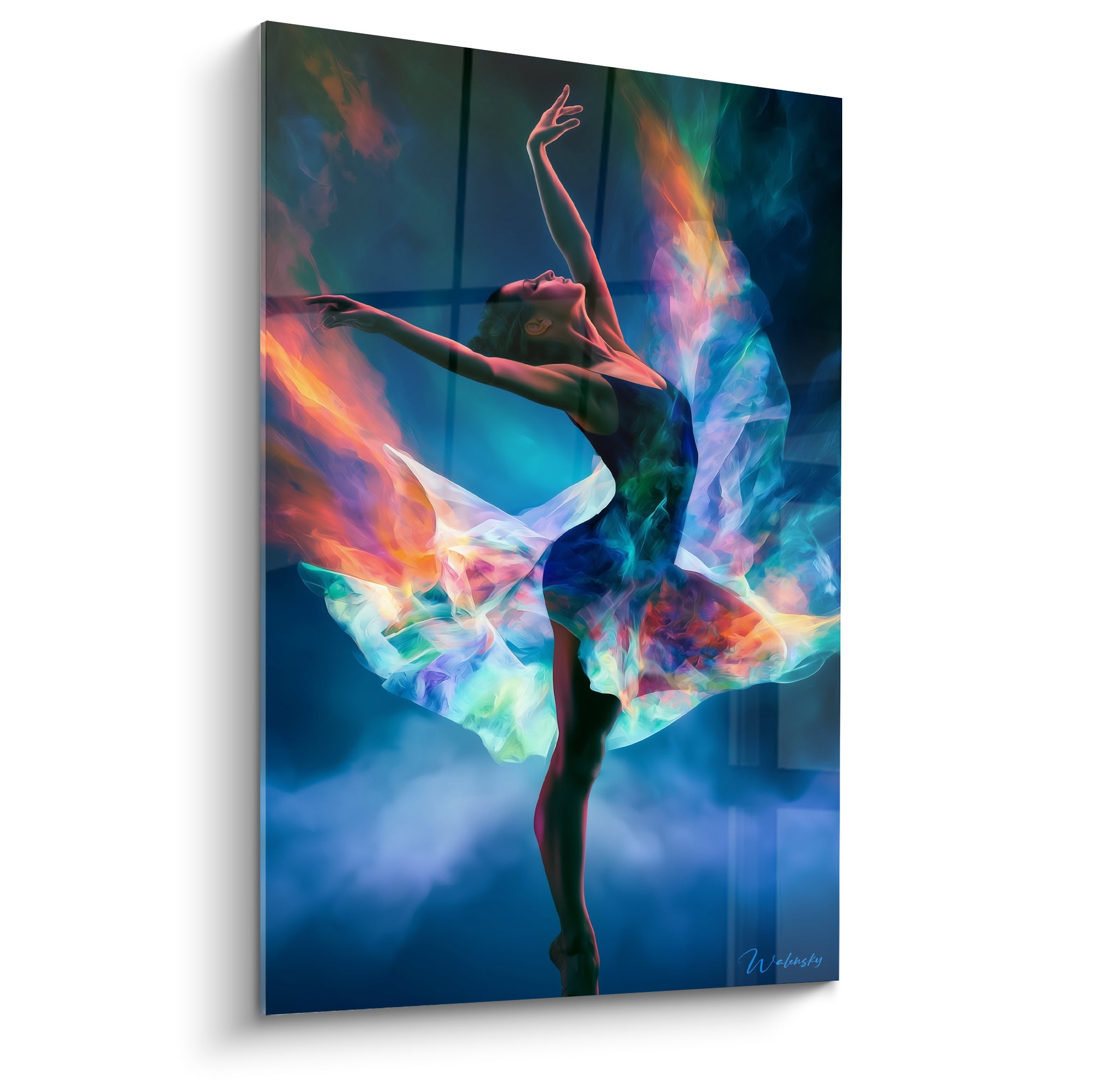 Danseuse en pointe cambrée, jupe turquoise et orange en flammes sur fond bleu marine profond