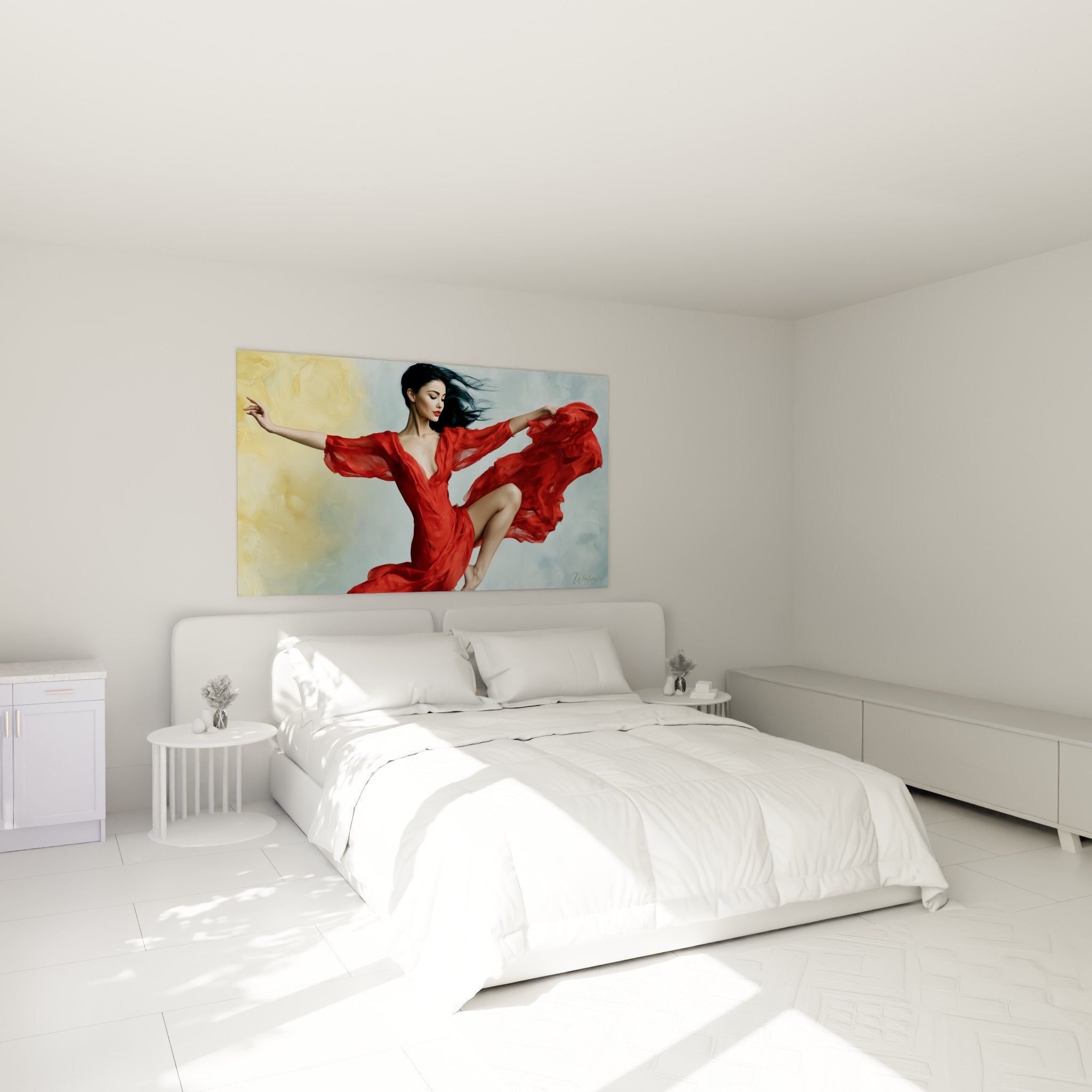 Cette danseuse en robe écarlate et fond ocre orne le mur au-dessus d'un lit dans une chambre claire
