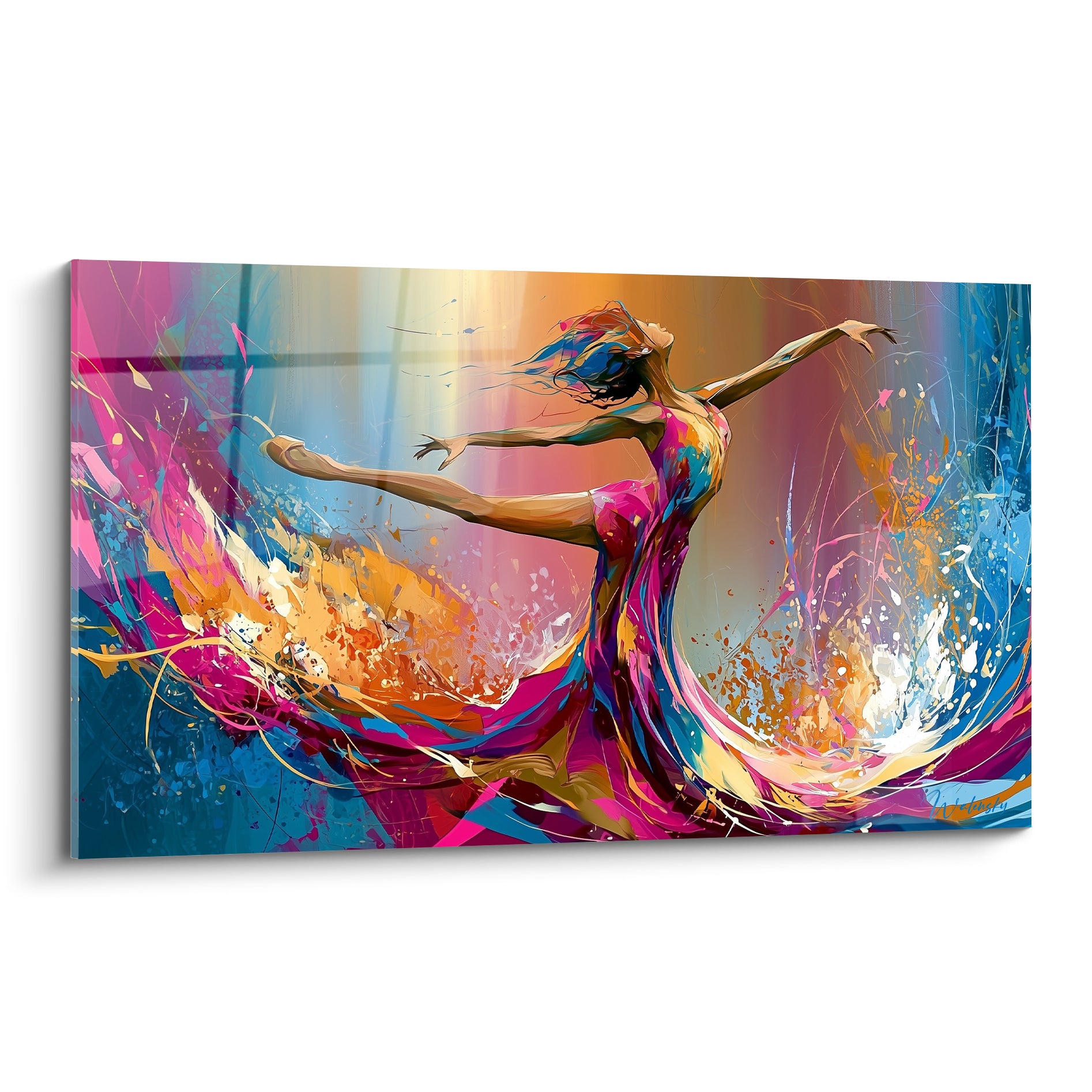 Danseuse abstraite en robe fuchsia et bleu turquoise, bras tendus, peinture gestuelle expressive