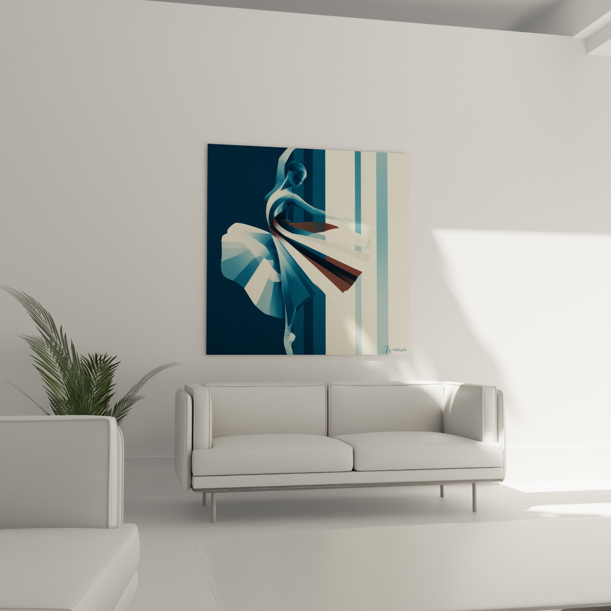 Silhouette bleu marine et blanc cassé de Danseuse abstrait, au-dessus d'un canapé dans un salon lumineux