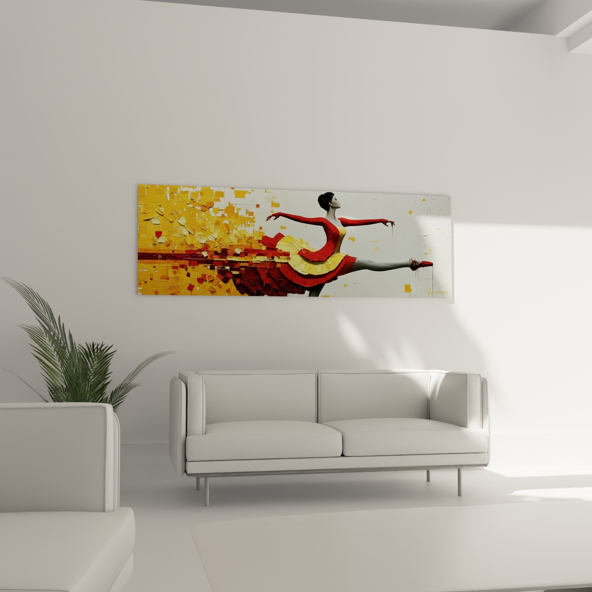 Geste chorégraphique en rouge et ocre saisi en plein élan, au-dessus d'un canapé dans un salon lumineux