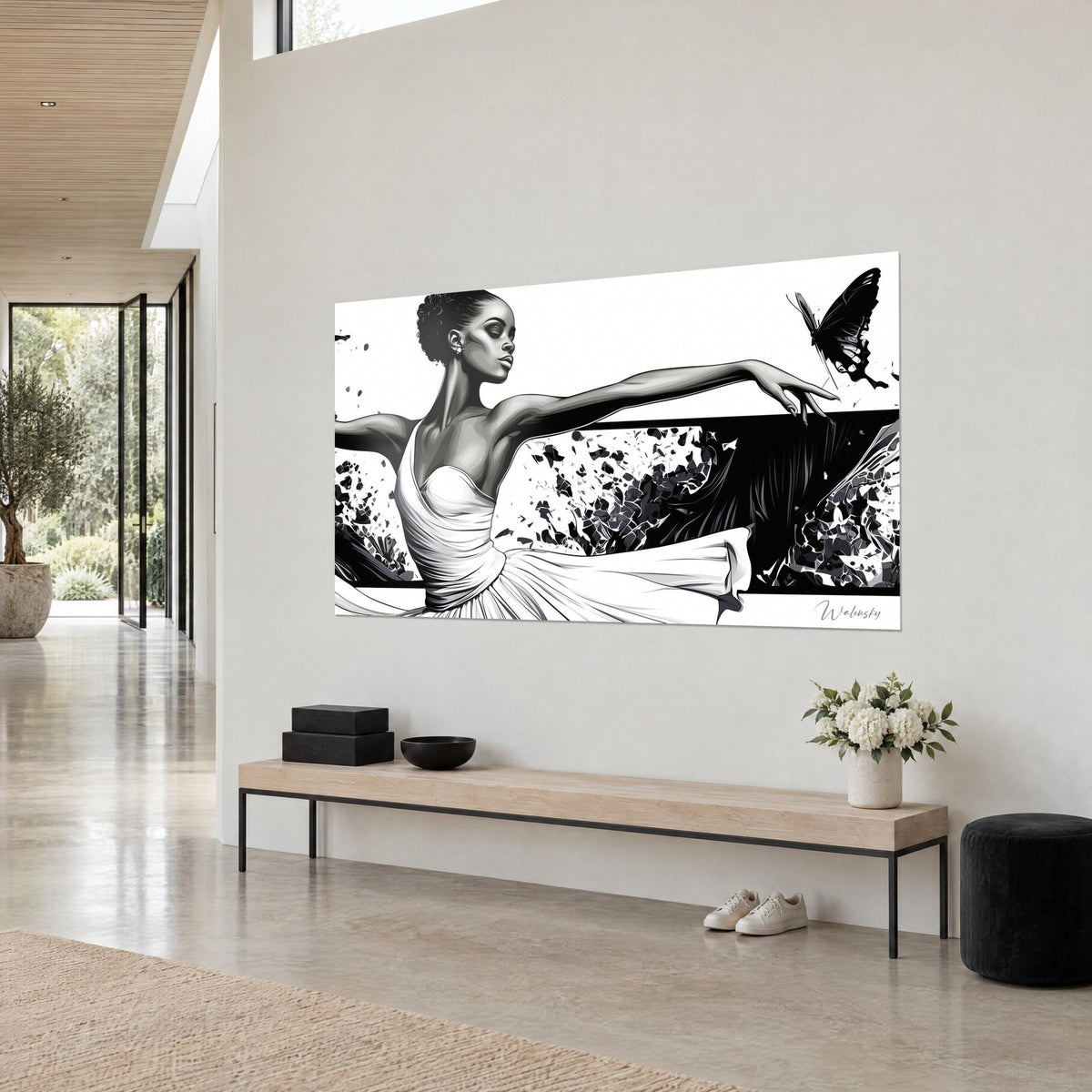 Schilderij van een ballerina met een losse knot, vingertoppen die een donkere vlinder beroeren, zwarte en grijze accenten, driekwartzicht tegen een lichte muur