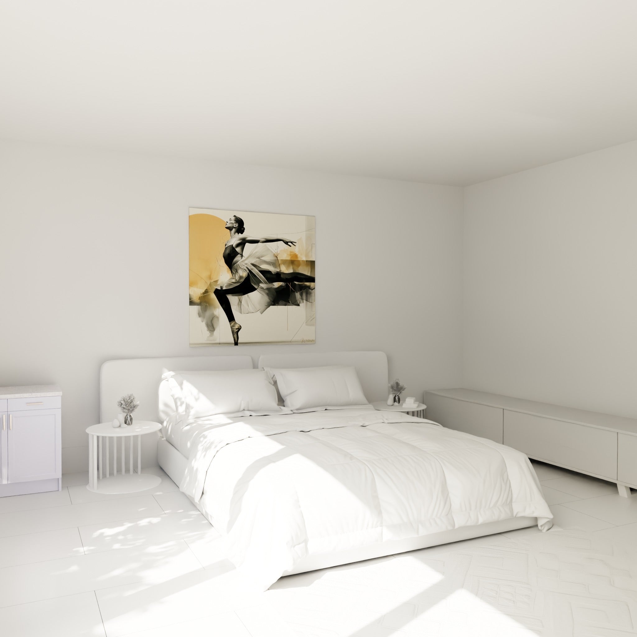 Silhouette de danseuse noire et ocre suspendue en plein saut, au-dessus d'un lit dans une chambre claire
