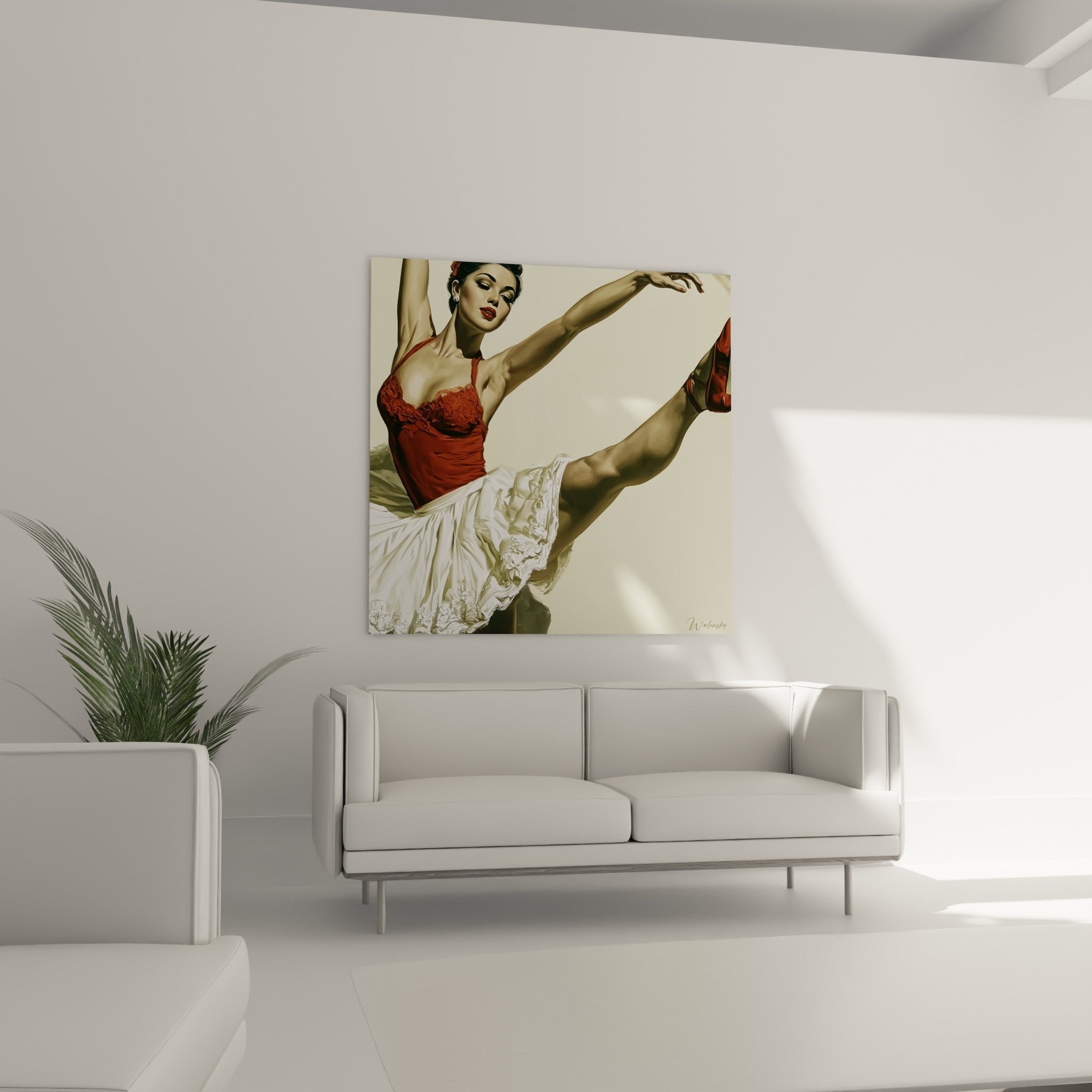 Figure gracieuse en dentelle rouge et satin blanc, positionnée au-dessus d'un canapé dans un salon lumineux