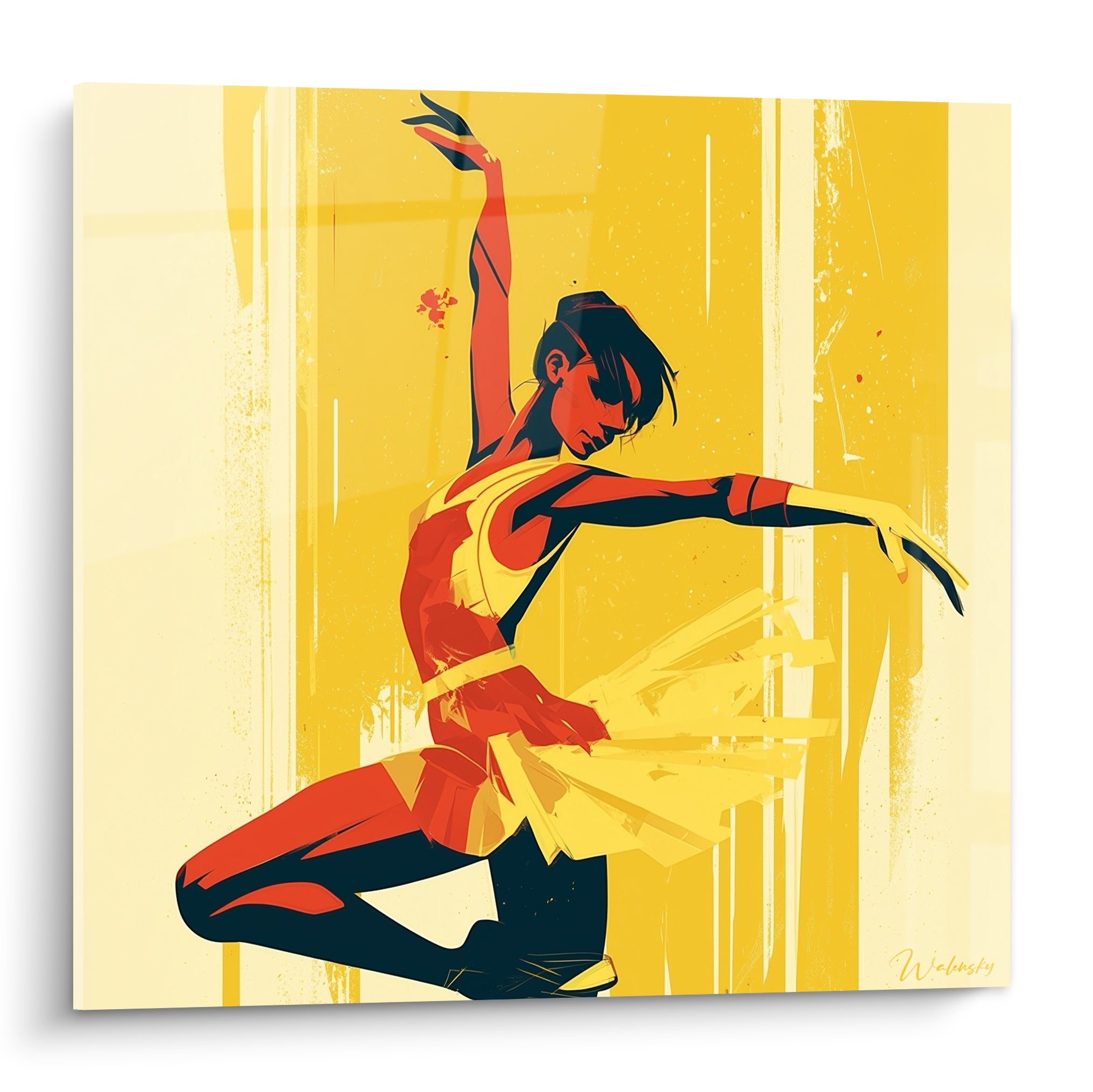 Danseuse abstrait penchée en tutu jaune, corps rouge et noir sur fond moutarde strié