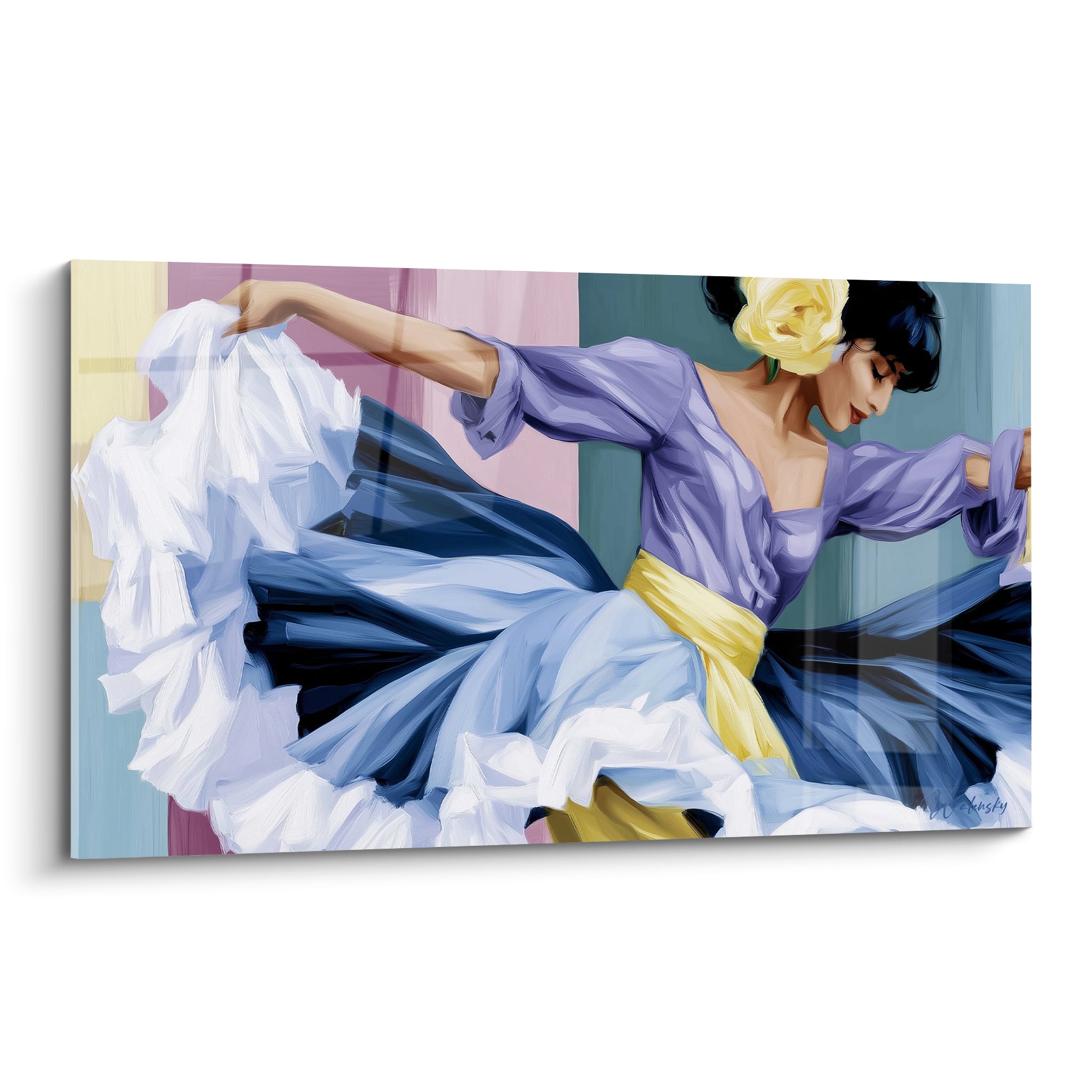 Danseuse abstrait en robe bleu marine et blanche, jupe en plein envol, corsage lilas et ceinture jaune