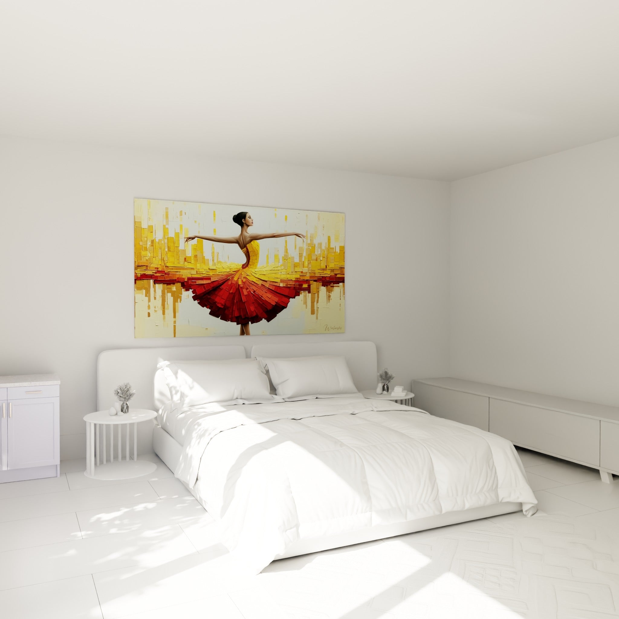 Ballerine dorée et rouge de la Danseuse abstrait au-dessus d'un lit dans une chambre claire