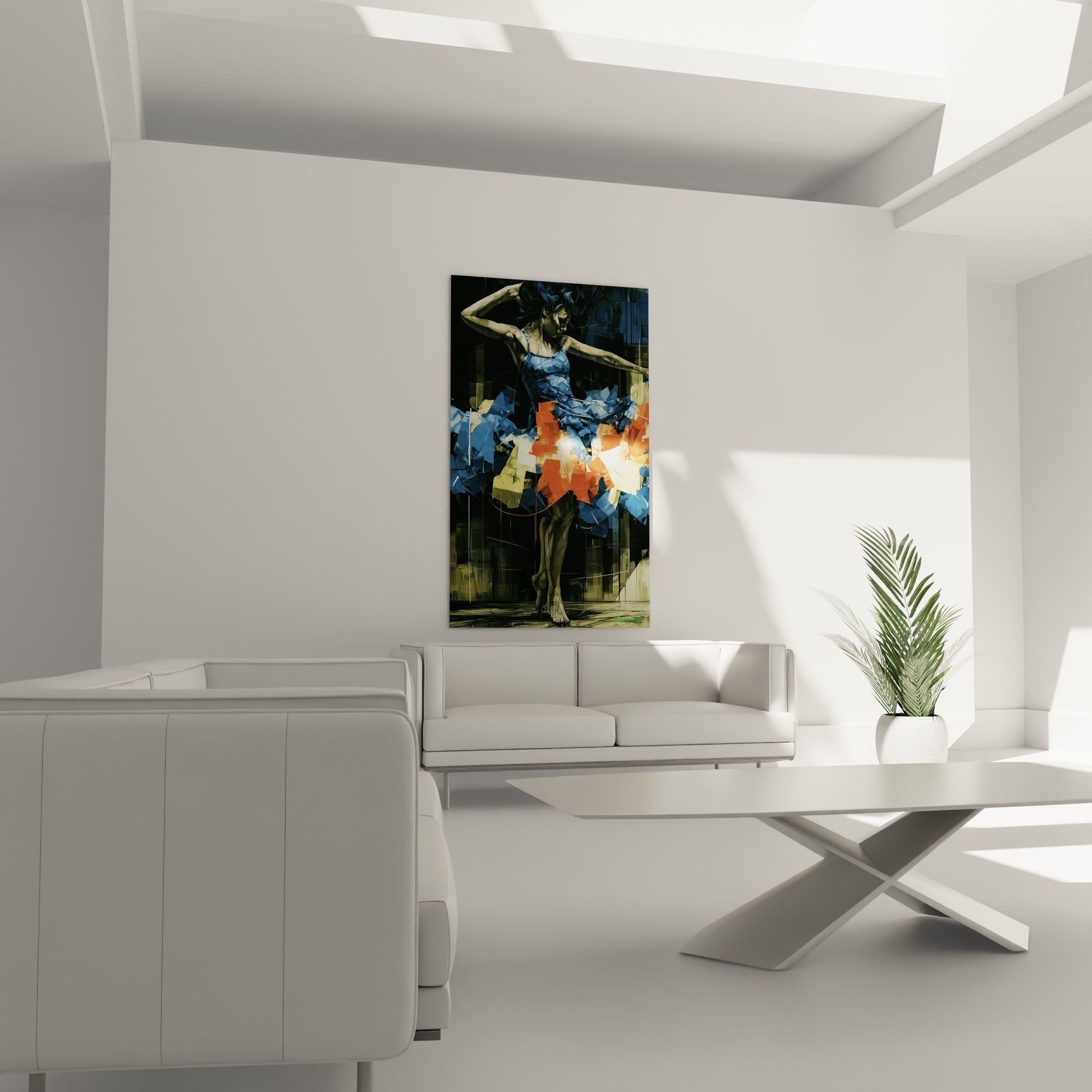 Ballerine en mouvement, jupe morcelée en teintes bleu marine et orange doré, au-dessus d'un canapé dans un salon lumineux
