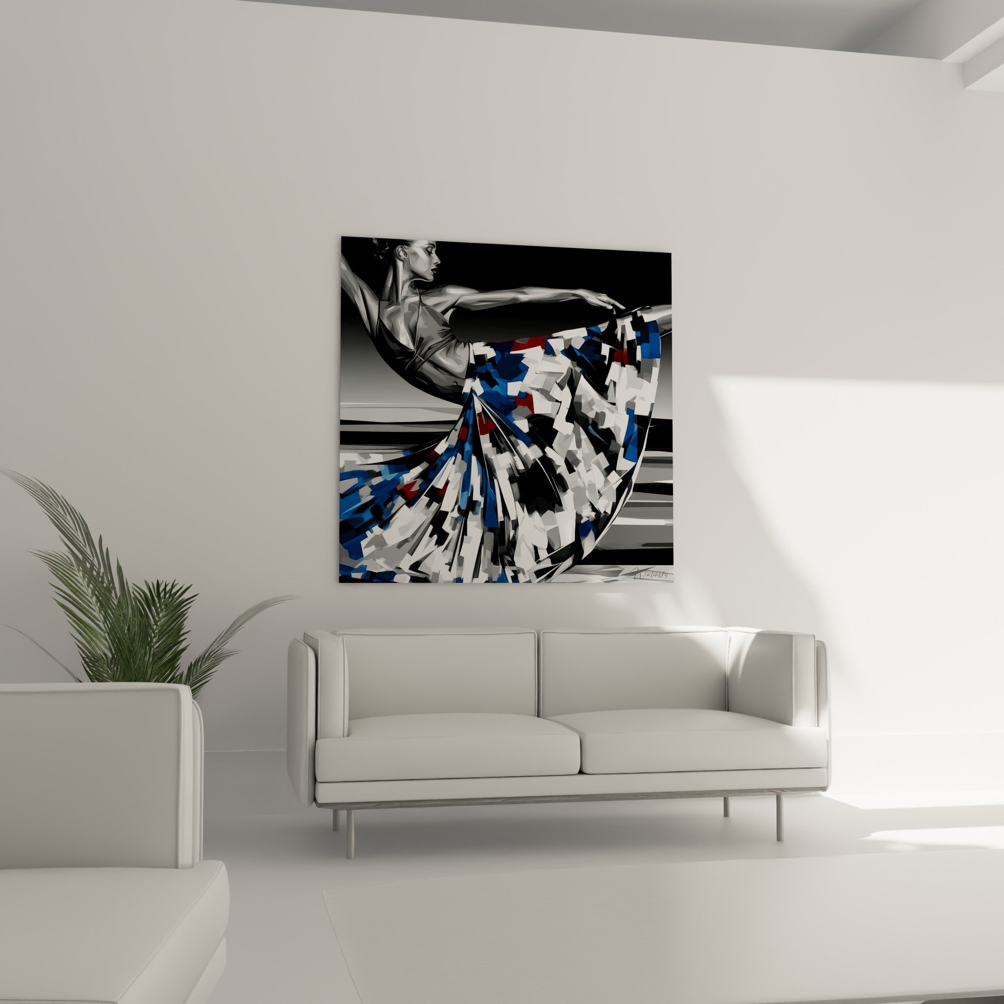 Silhouette gracile en camaïeu gris et robe géométrique bleue, au-dessus d'un canapé dans un salon lumineux