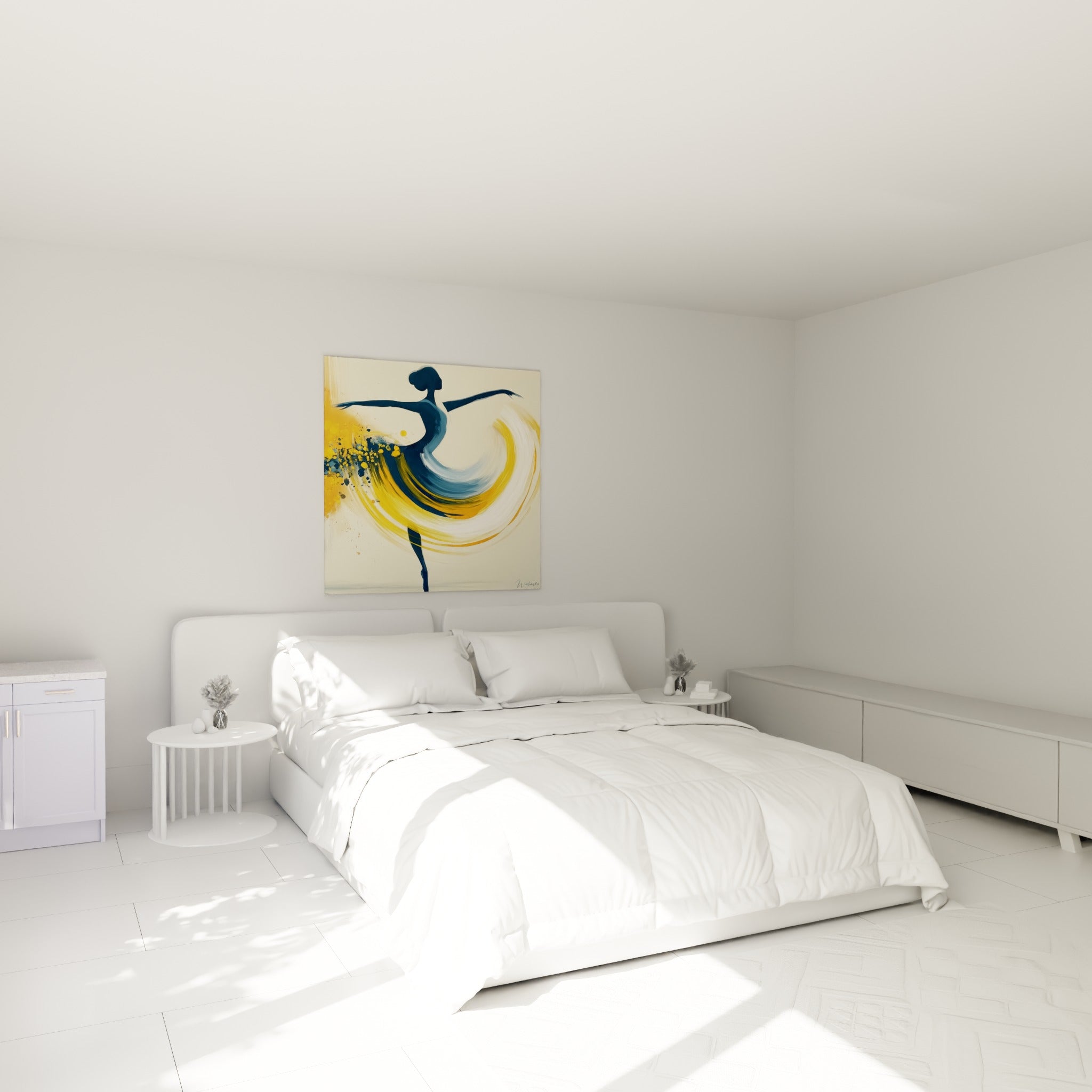 Silhouette de danseuse bleu marine et jaune ocre en équilibre, au-dessus d'un lit dans une chambre claire