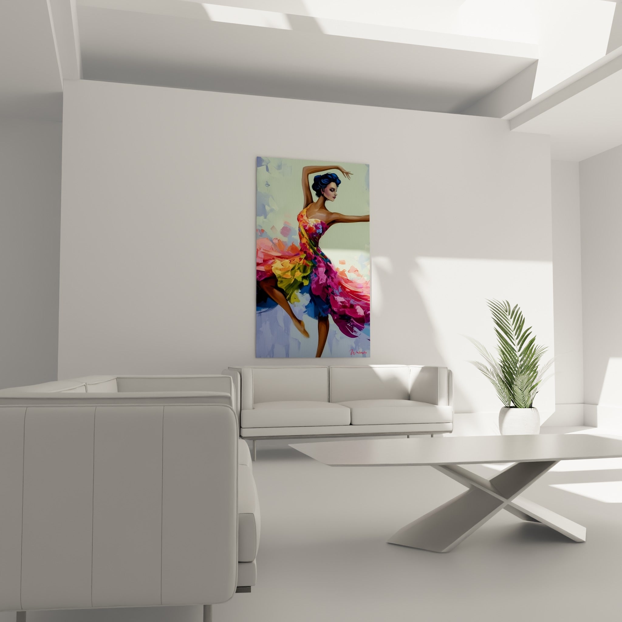 Jupe éclatée en pétales fuchsia et vert, tableau danseuse abstrait au-dessus d'un canapé dans un salon lumineux