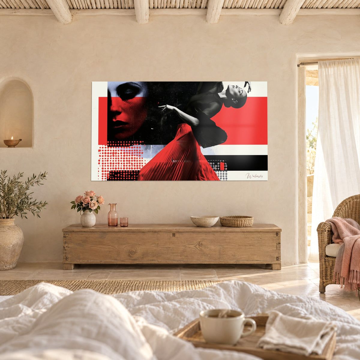 Wall art artist draped in black, flared red skirt, pattern of red and grey dots, above a bed in a light bedroom