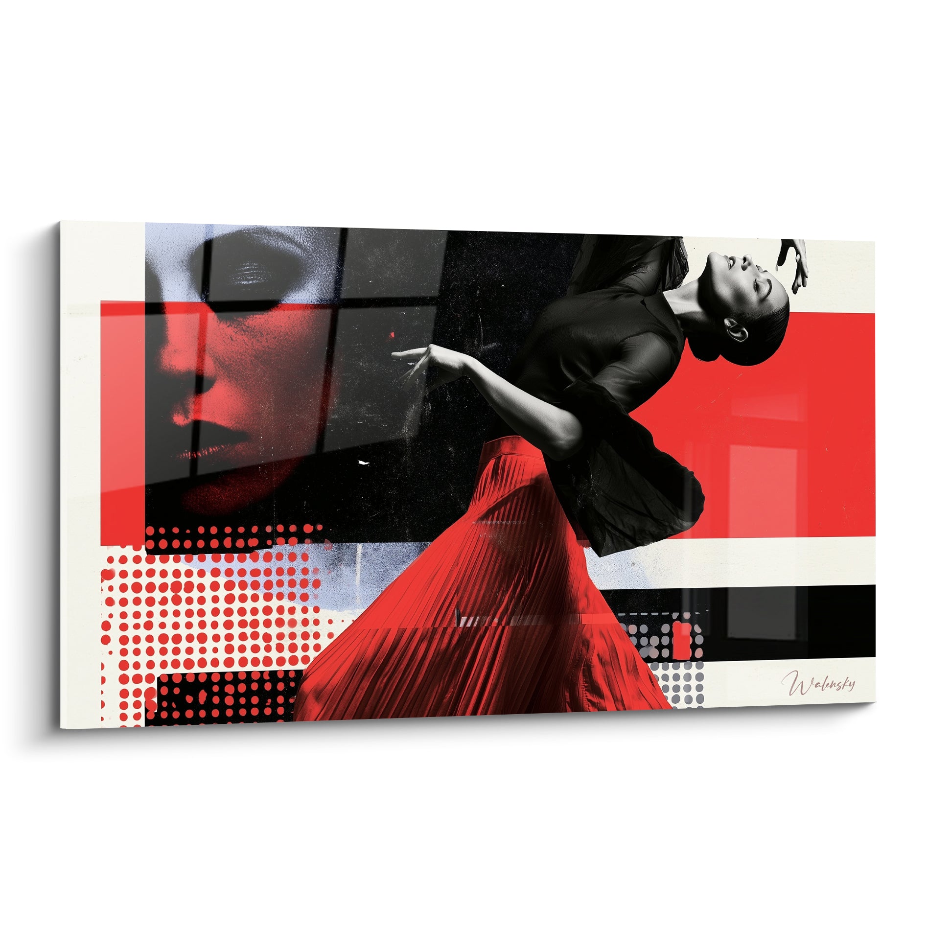 Danseuse abstraite en jupe rouge et buste noir, visage fragmenté en arrière-plan graphique