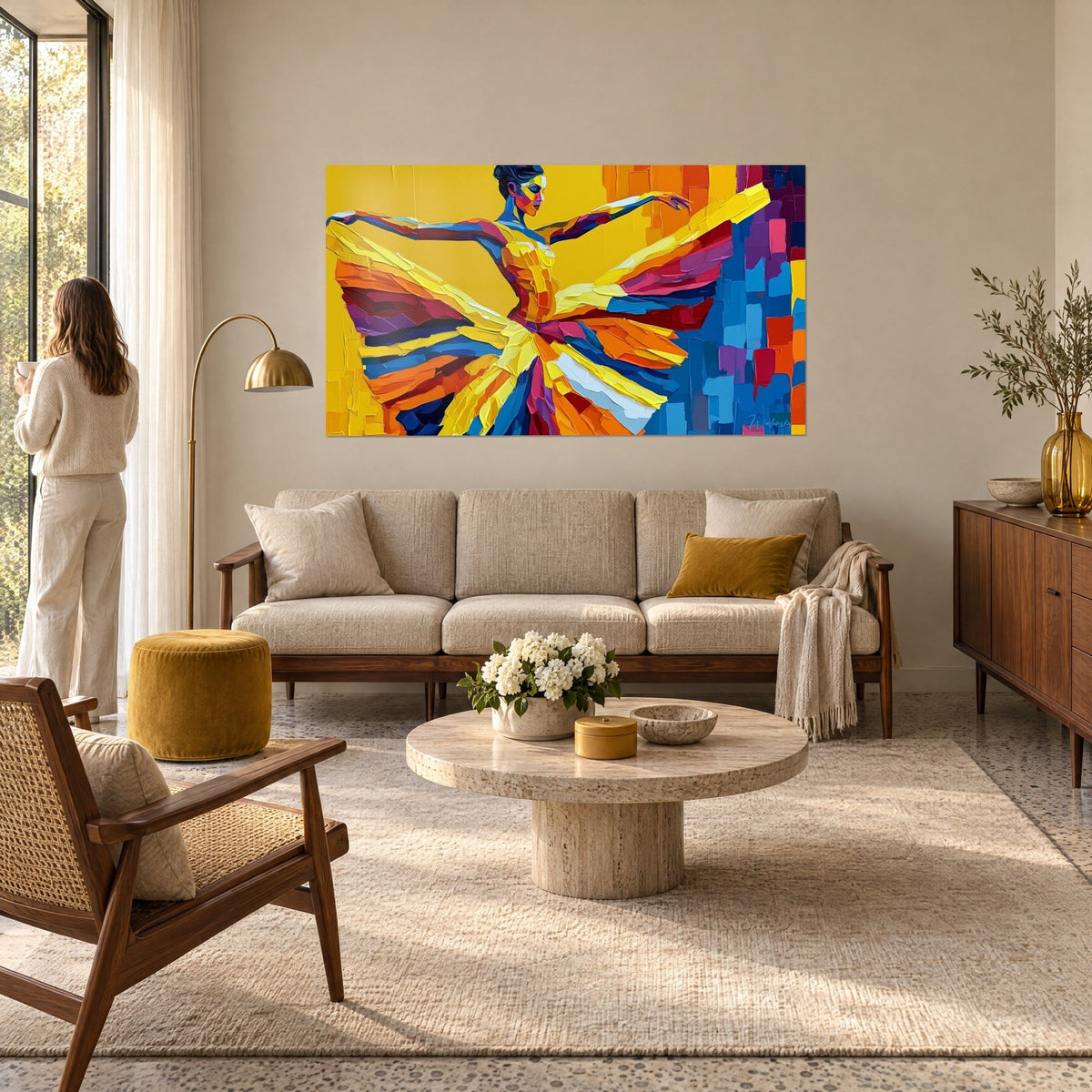 Tableau ballerine aux bras ouverts, jupe jaune et orange en éventail sur fond bleu, au-dessus d'un canapé dans un salon lumineux